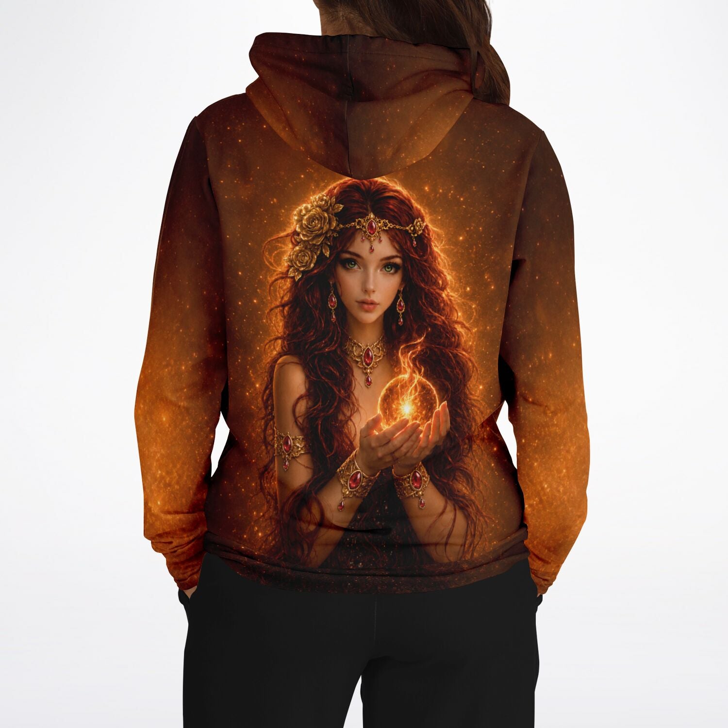 Dreamer Hoodie Göttin der Sonne mit detailreichem Fantasy-Motiv, das perfekt zu Diamond Painting Kunstwerken passt.