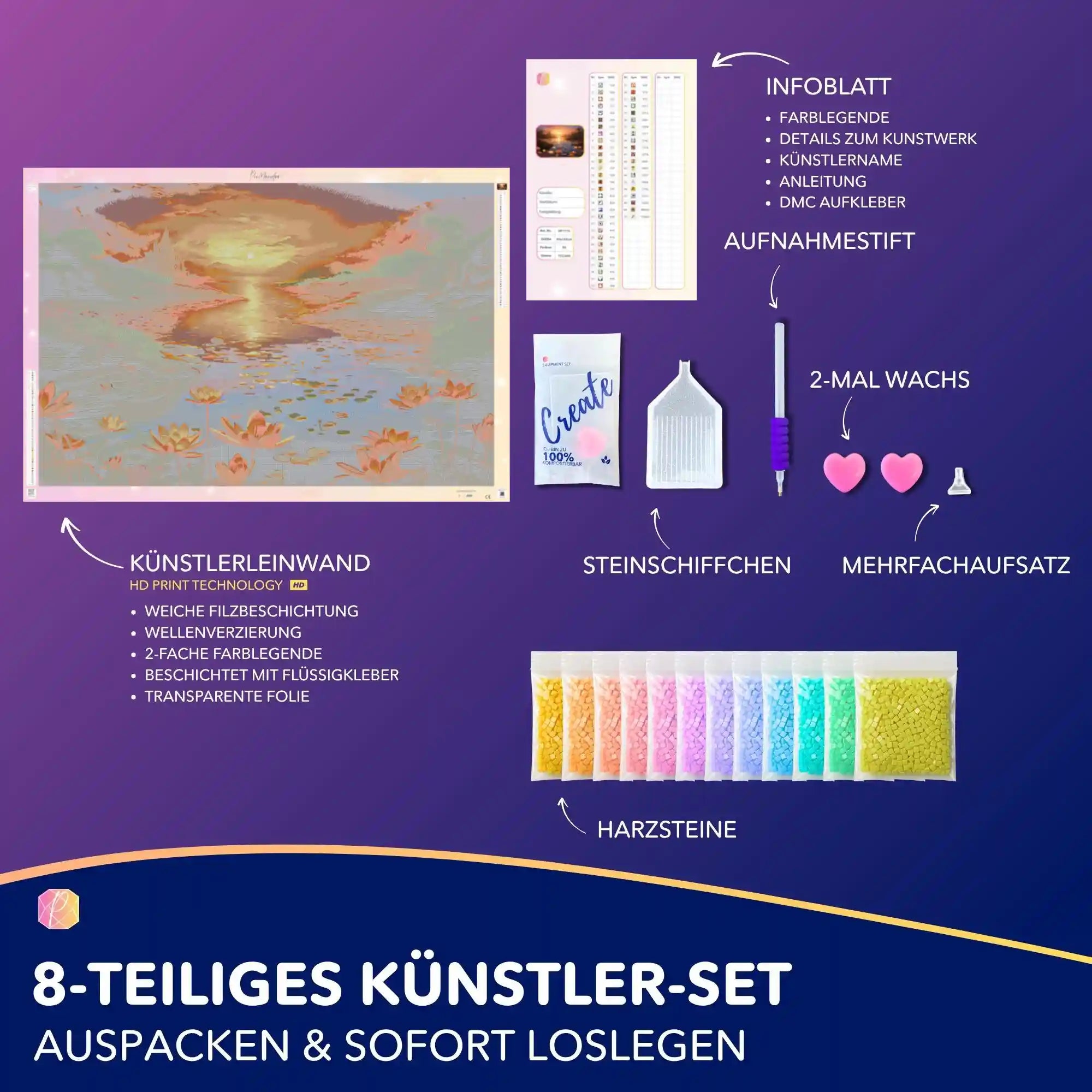 8-teiliges Diamond Painting Set mit Leinwand, Motiv Sonnenuntergang am See, Harzsteinen und Zubehör für DIY Kunstprojekte.
