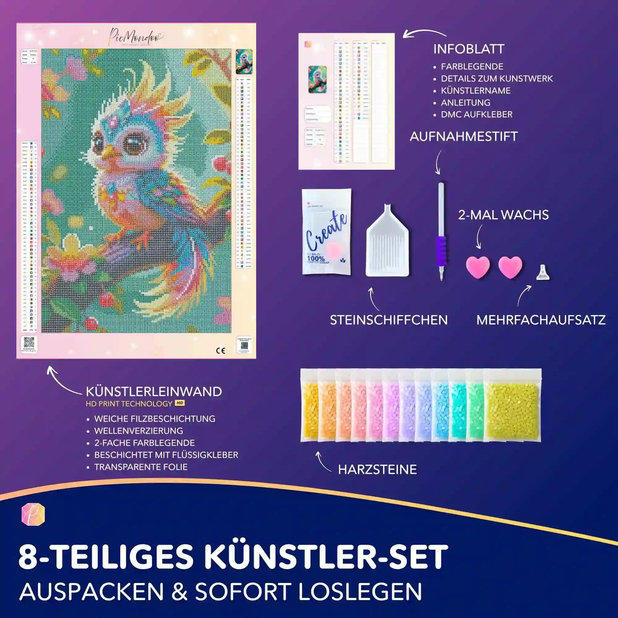 Diamond Painting Set Farbenkind: Bunter Fantasievogel auf Leinwand inklusive Zubehör wie Harzsteine, Stift und Schiffchen