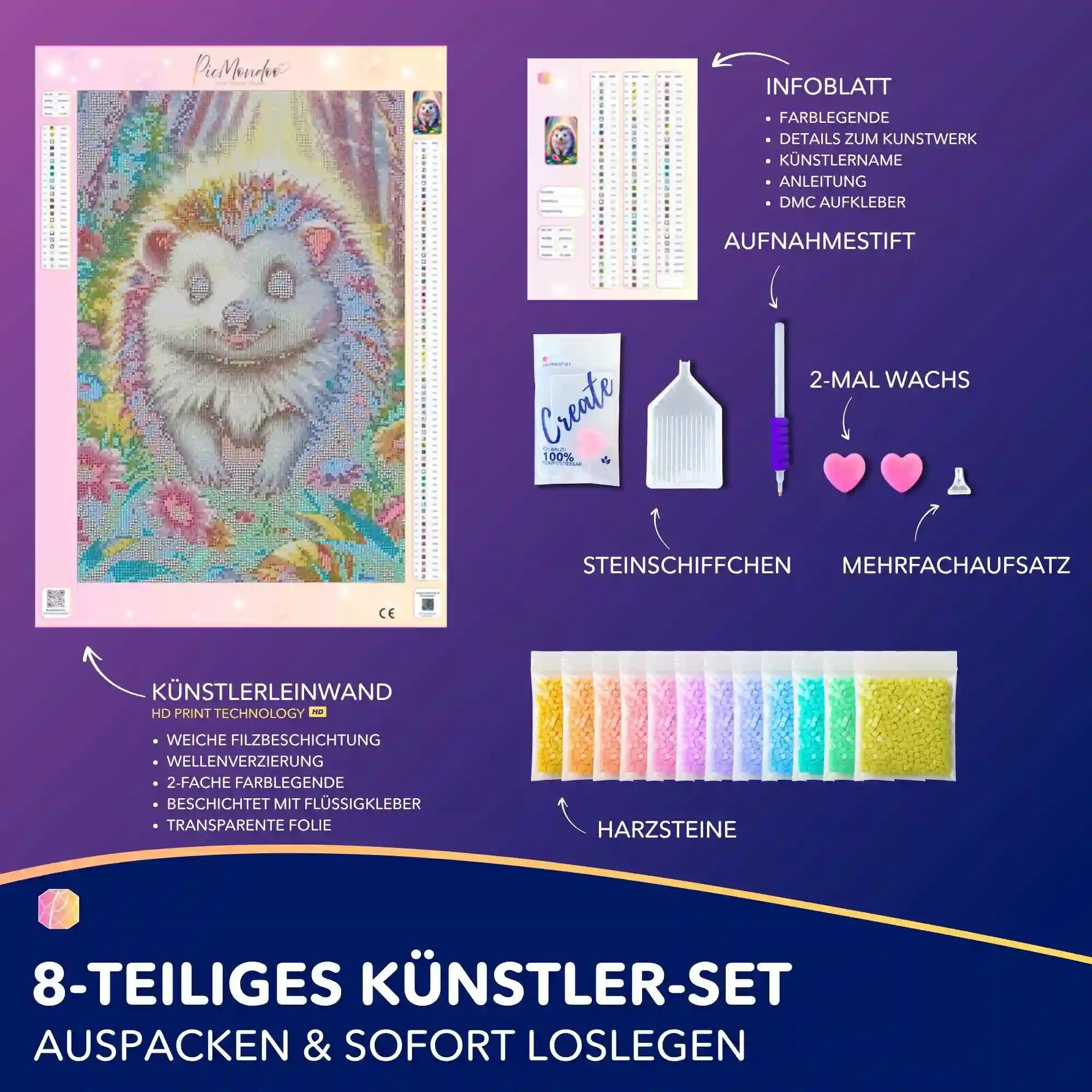 Diamond Painting Set Igel Stups mit bunter Waldlandschaft, inklusive Leinwand, bunten Harzsteinen und Zubehör.