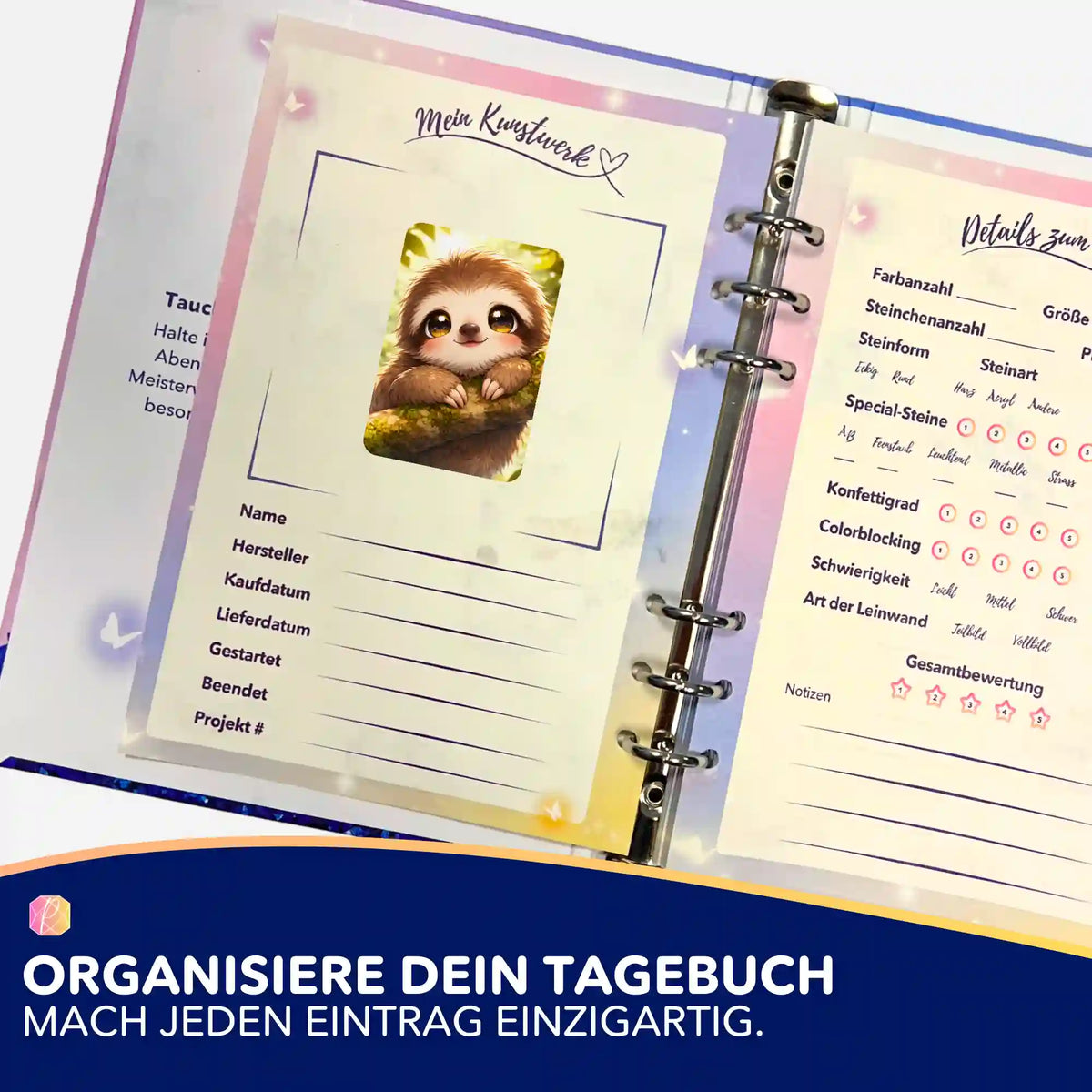 Picmondoo Sticker-Set zur Organisation im Diamond Painting Tagebuch mit süßem Faultier-Motiv