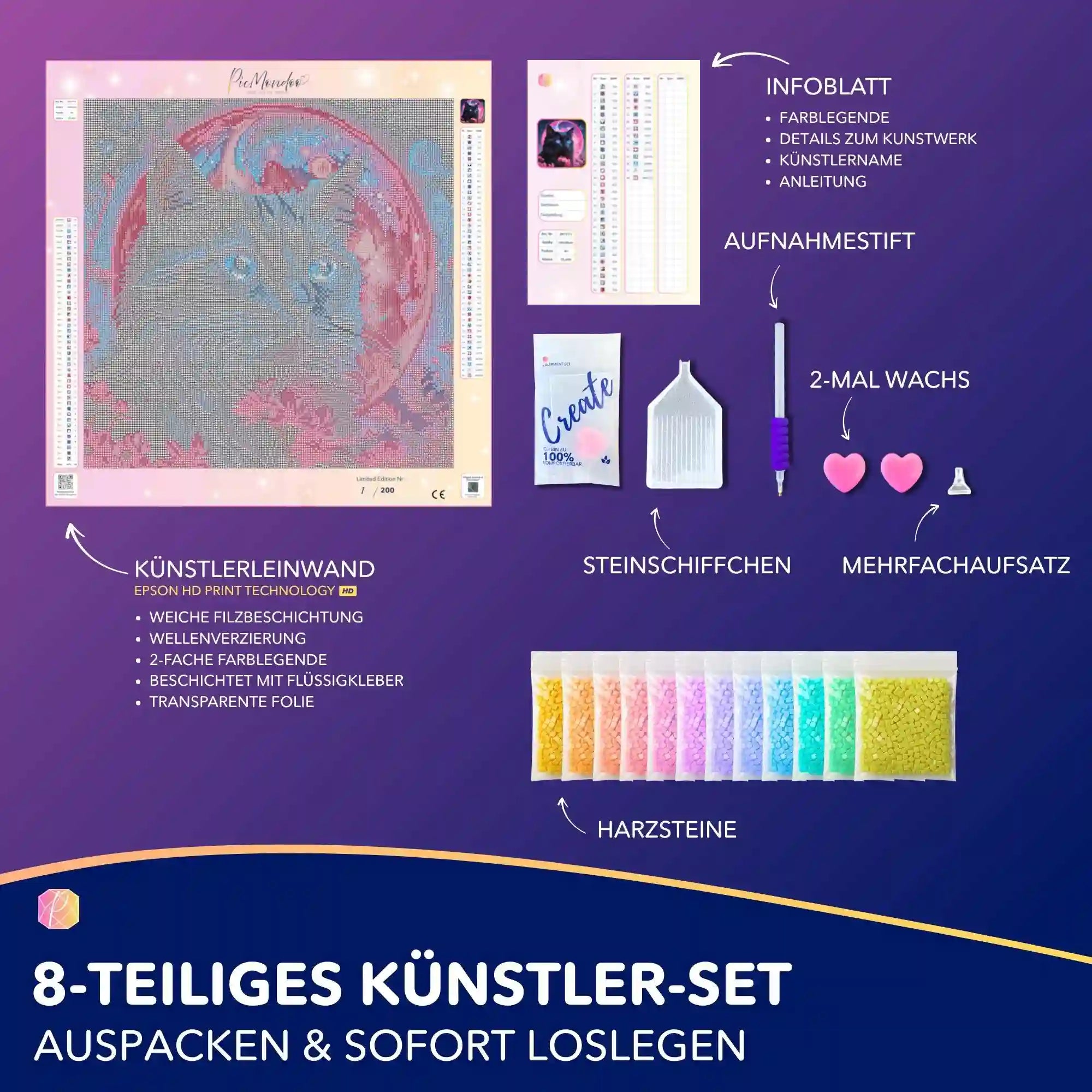 Diamond Painting Set Nacht aus Samt mit magischer Katze, Vollmond, Blumen, Harzsteinen und komplettem Zubehör zum Basteln.