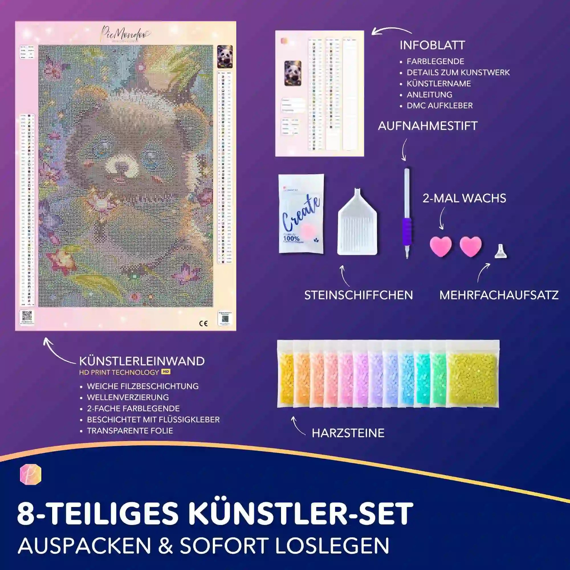 Diamond Painting Set mit Panda-Motiv: Komplettes Zubehör mit Leinwand, bunten Harzsteinen, Stift und Werkzeug für Erwachsene.
