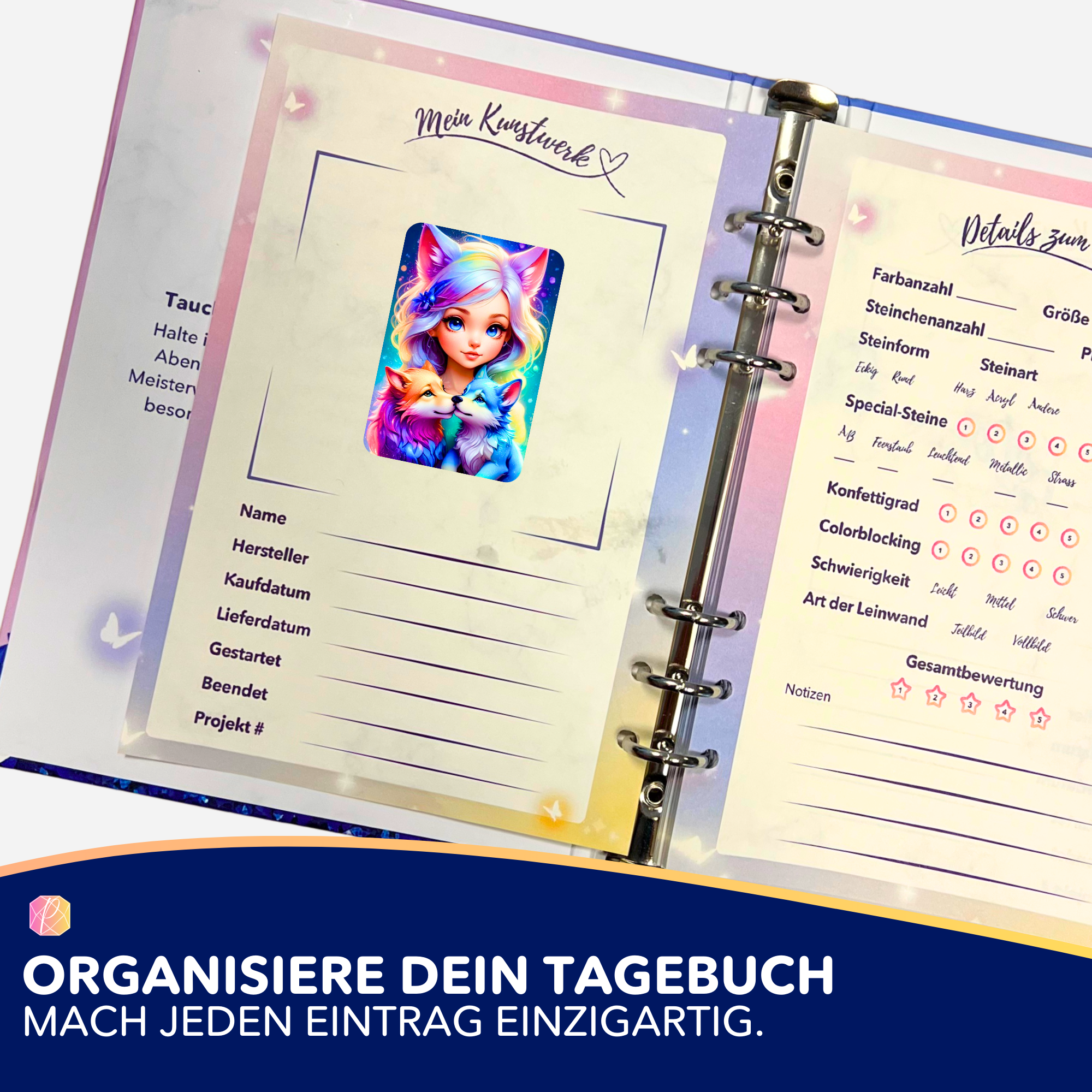 Moni's Special Aufkleber Wolfmädchen Finja für Diamond Painting Tagebuch zur Projektorganisation