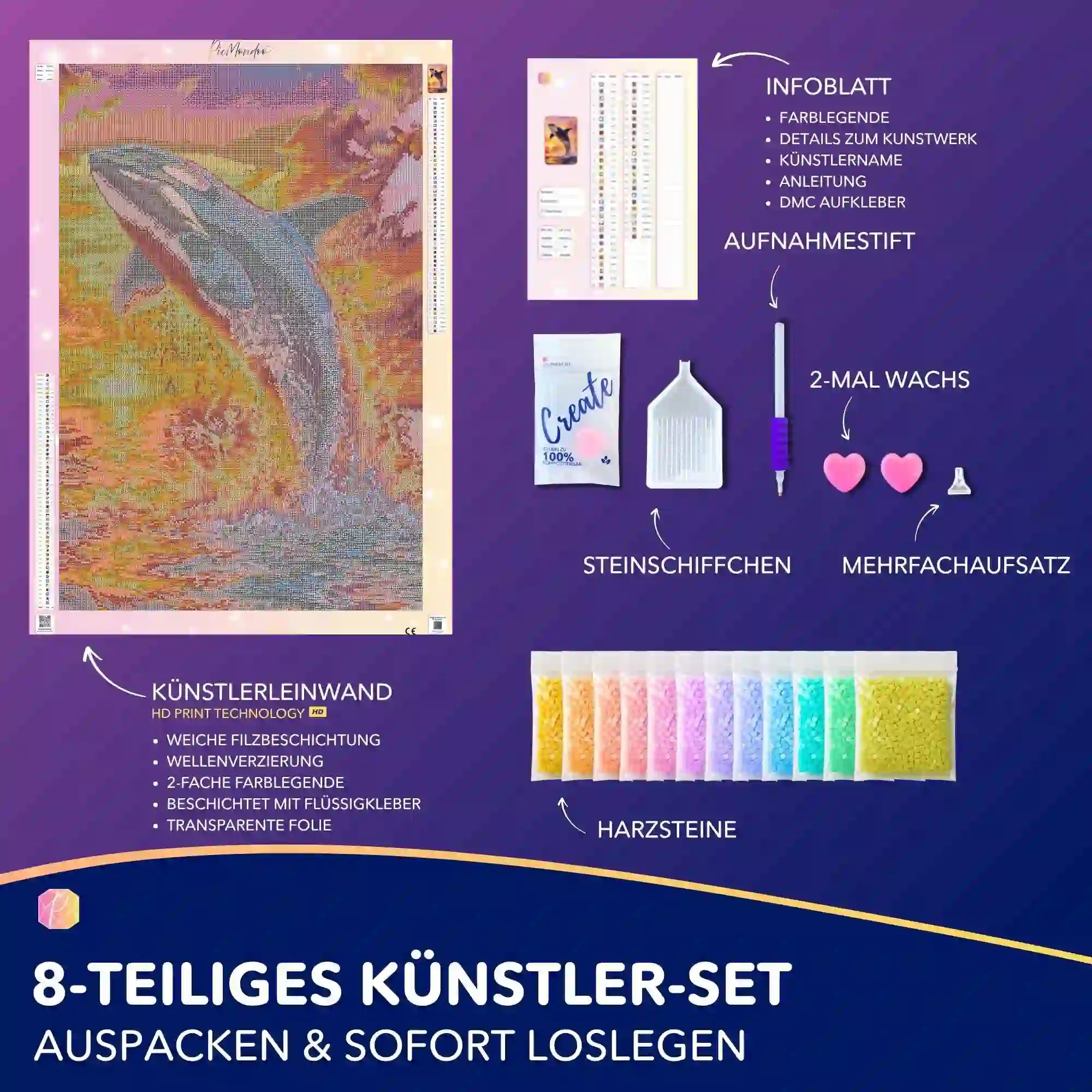 Diamond Painting Set Grenzenlos mit springendem Orka vor Sonnenuntergang sowie Zubehör wie Harzsteine und Werkzeug.