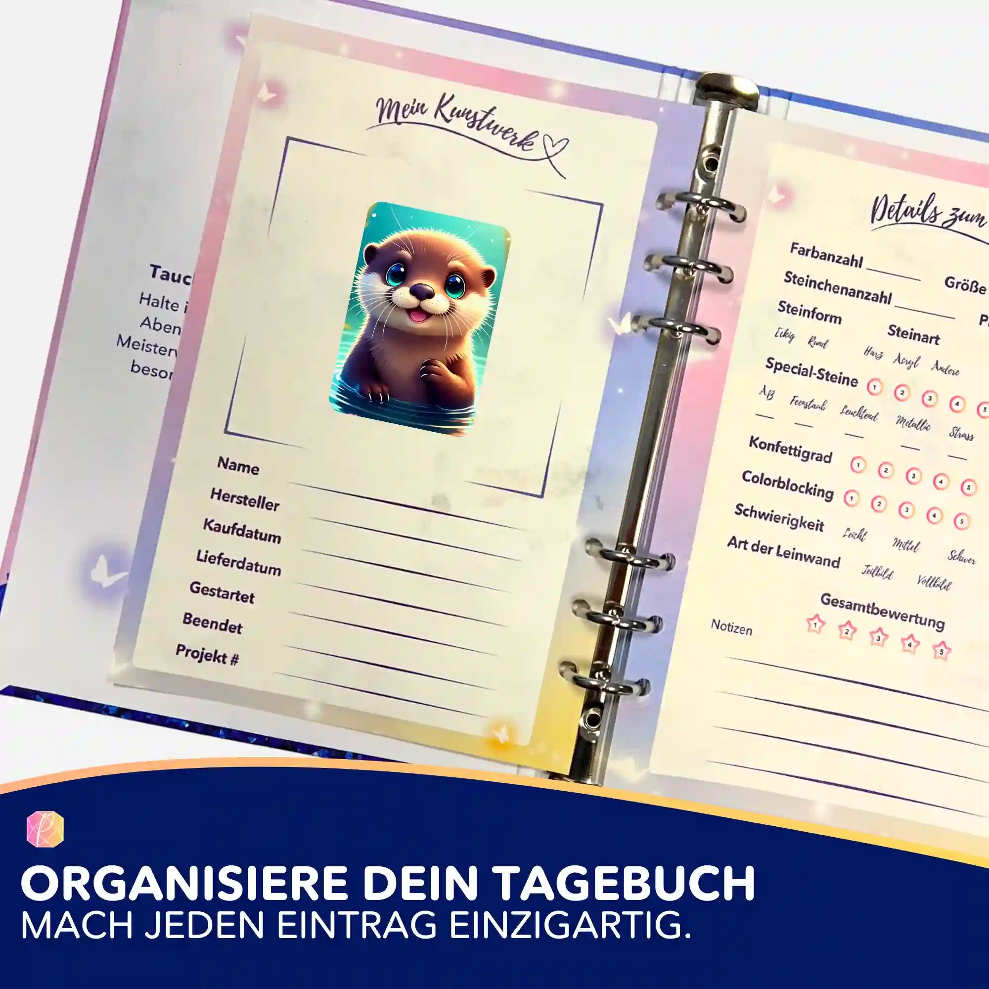Dekorativer Otter-Sticker in einem Diamond Painting Tagebuch zur Organisation von DIY-Kunstwerken und Bastelprojekten.