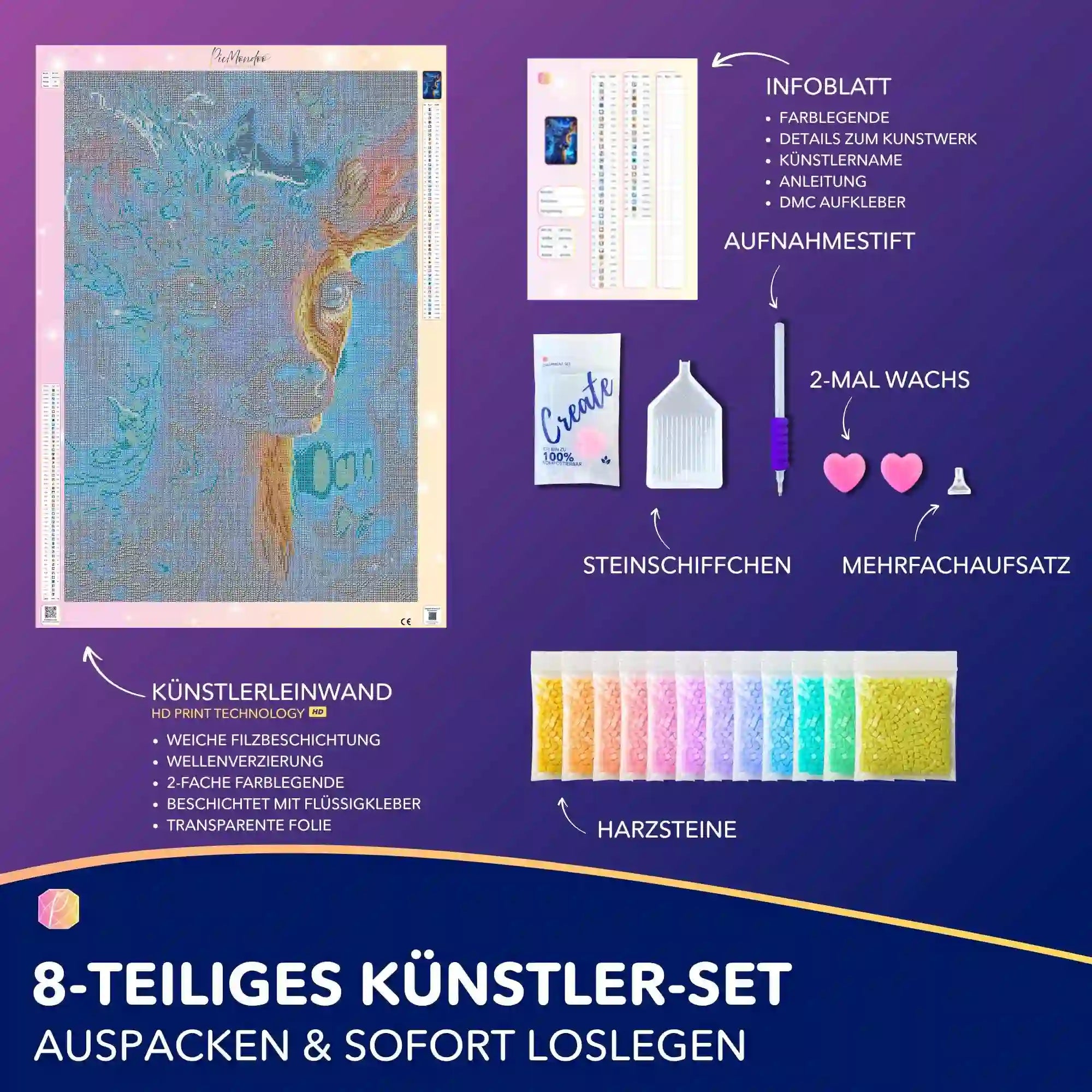 Diamond Painting Set Hüterin des Herzens mit Leinwand, bunten Harzsteinen und Zubehör für fantasievolle Tier-Motive.