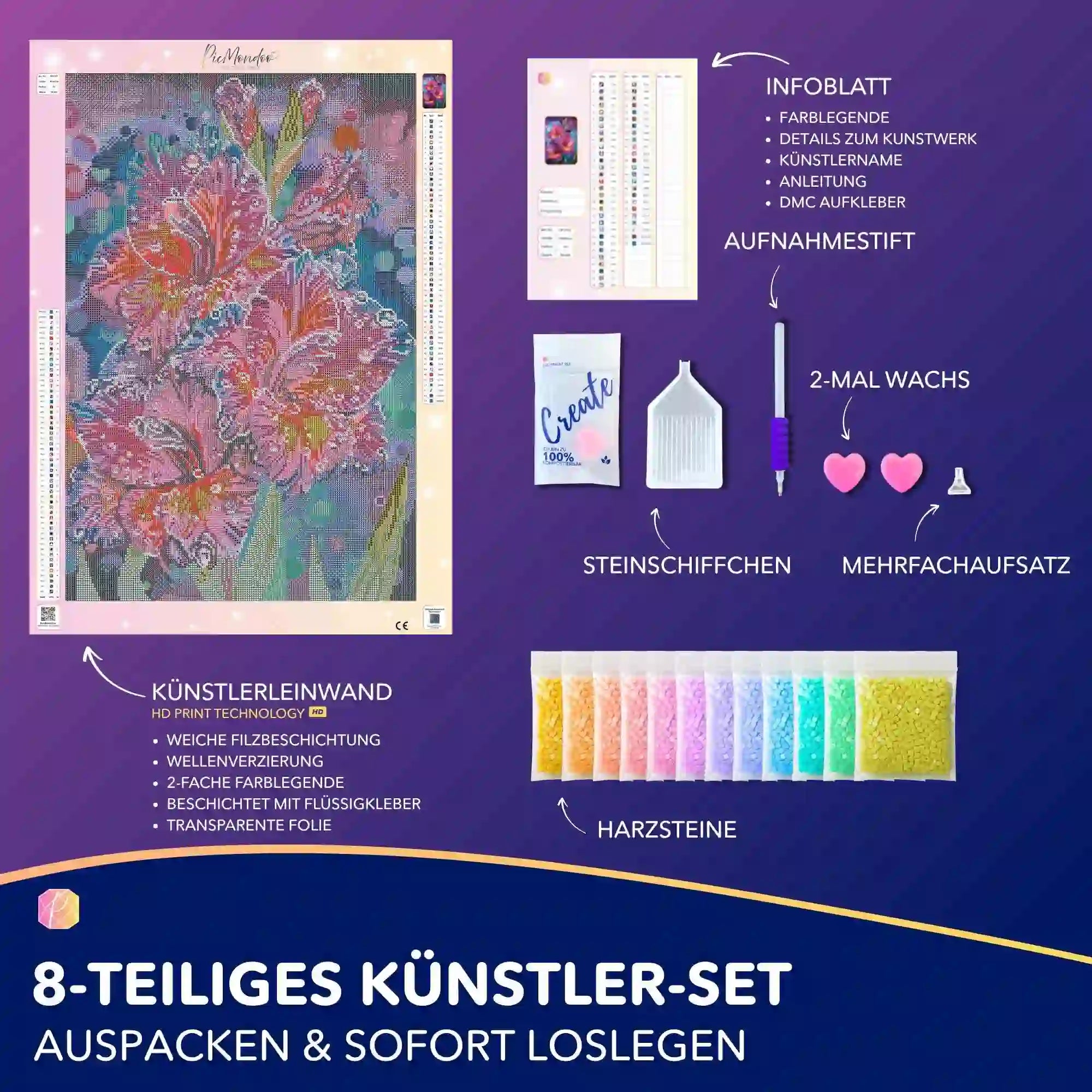 Diamond Painting Set Morgentau mit Gladiole-Motiv, Zubehör, Leinwand und bunten Steinen für DIY-Kunstwerke.