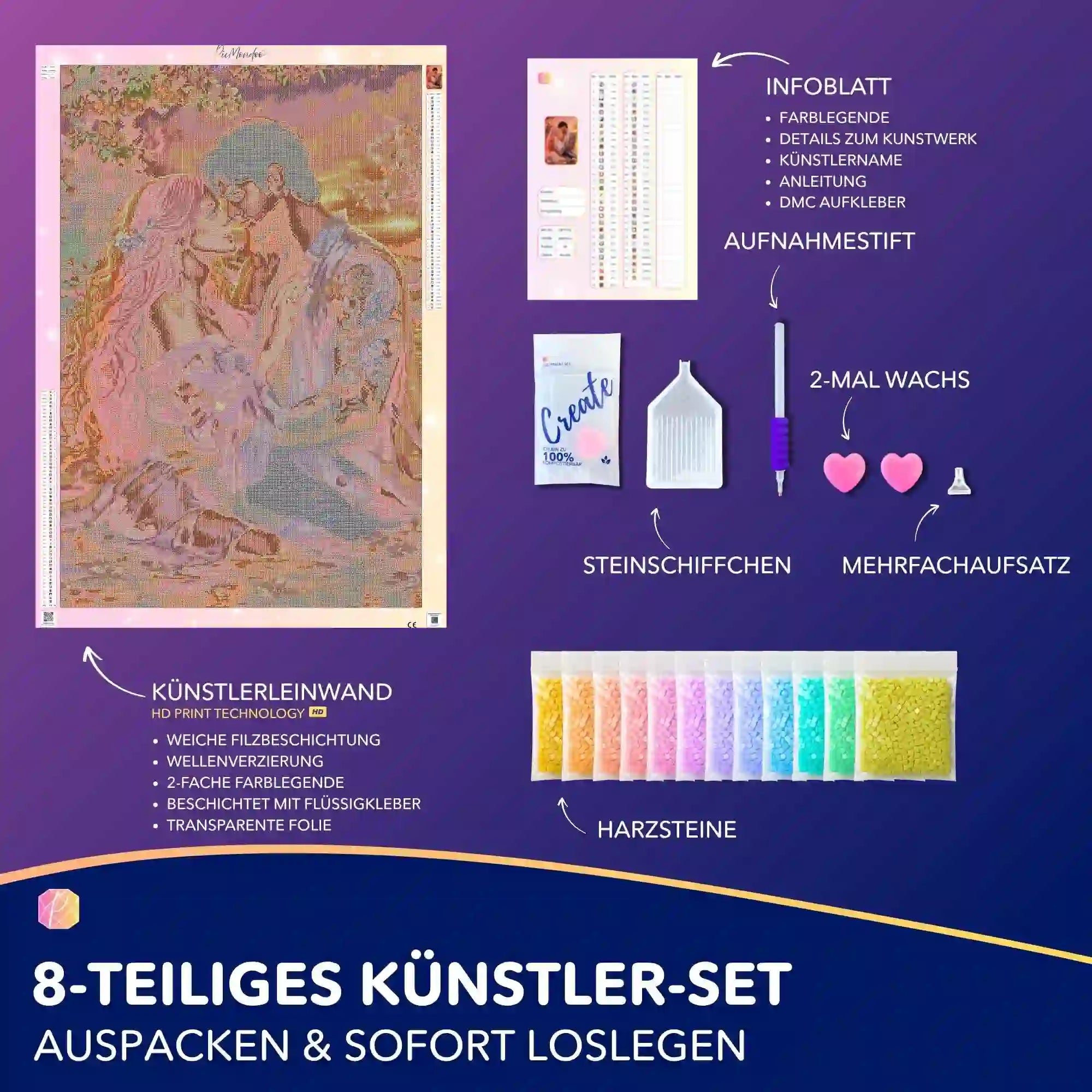 Diamond Painting Set Trust me XXL mit romantischem Liebespaar Motiv, Leinwand, bunten Harzsteinen und Bastelzubehör.
