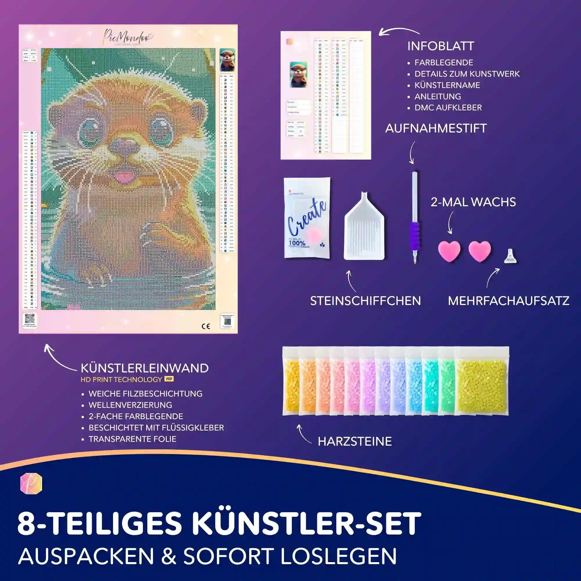 Diamond Painting Set Otter mit Zubehör: Leinwand, Harzsteine und Werkzeuge für ein niedliches Tierbaby-Motiv.