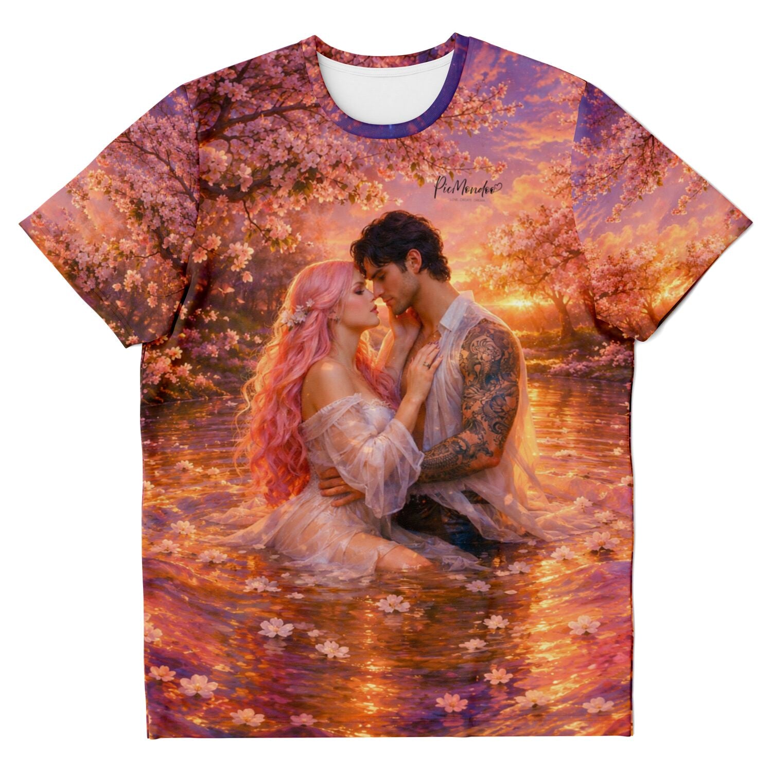 T-Shirt mit romantischem Pärchen-Motiv im Kirschblüten-Wasser, inspiriert von Diamond Painting und Malen nach Zahlen