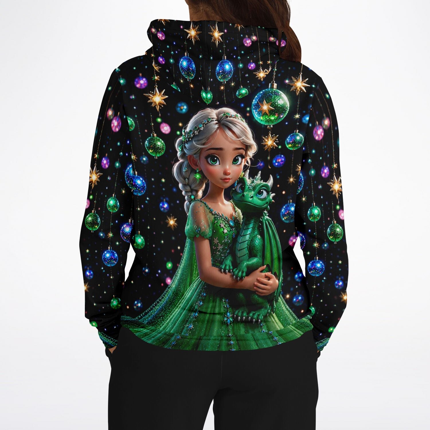 Schwarzer Hoodie mit Dragon Girl Motiv, im Stil von Diamond Painting und Malen nach Zahlen, mit Glitzerkugeln und Drache