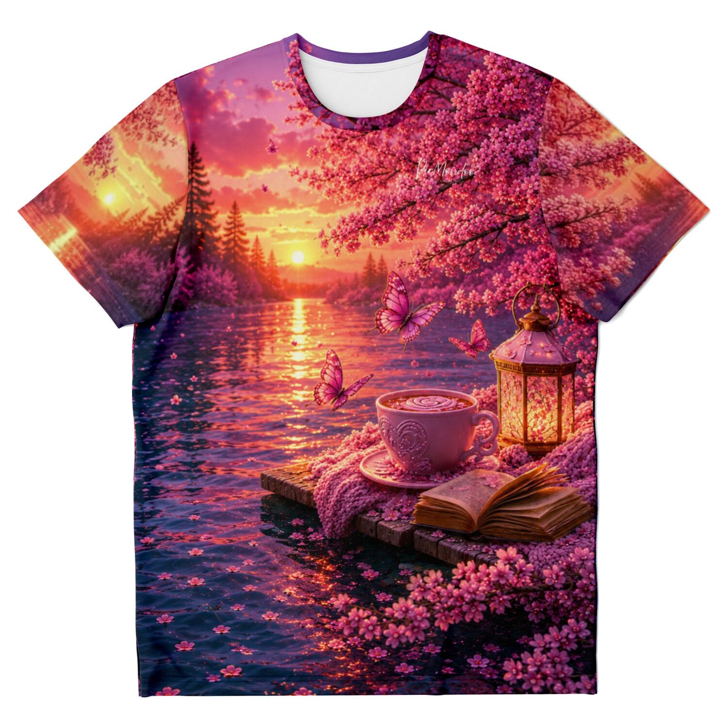 T-Shirt mit Diamond Painting Motiv: Romantischer Sonnenuntergang am See mit Blumen, Laterne, Buch und Schmetterlingen.