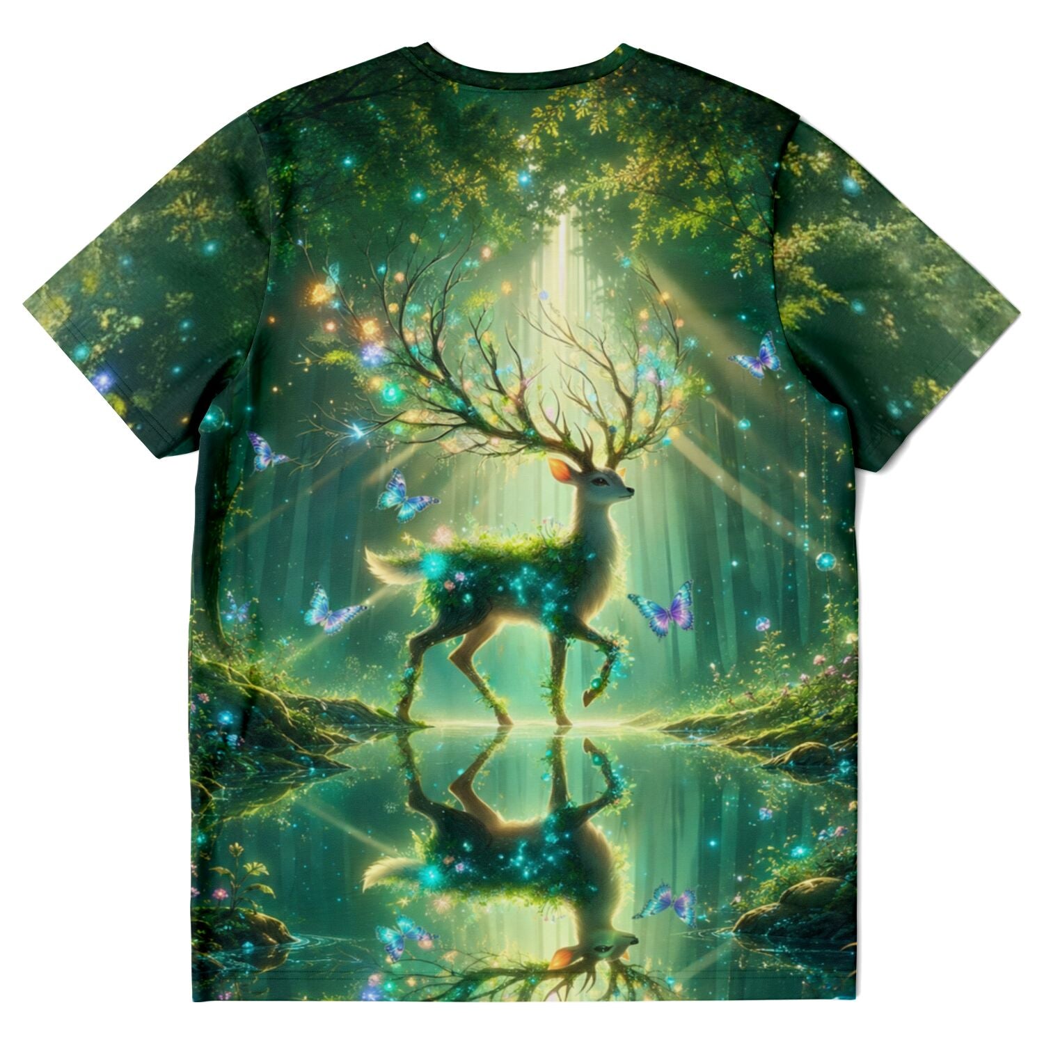 Dreamer T-Shirt Wächter der verborgenen Lichtung mit magischem Hirsch, Schmetterlingen und Wald im Stil von Diamond Painting
