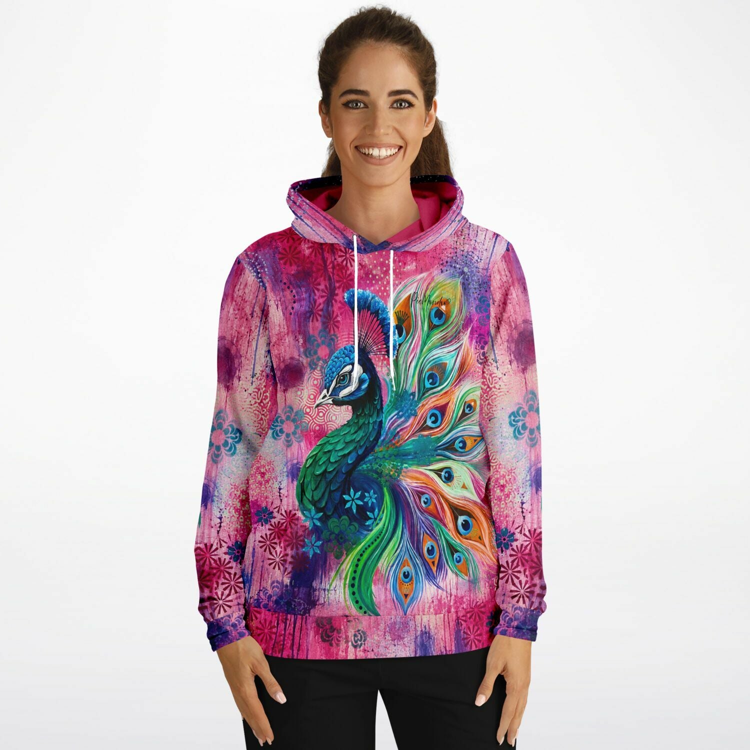 Dreamer Hoodie mit farbenfrohem Pfau-Motiv im Stil von Malen nach Zahlen und Diamond Painting Kunst