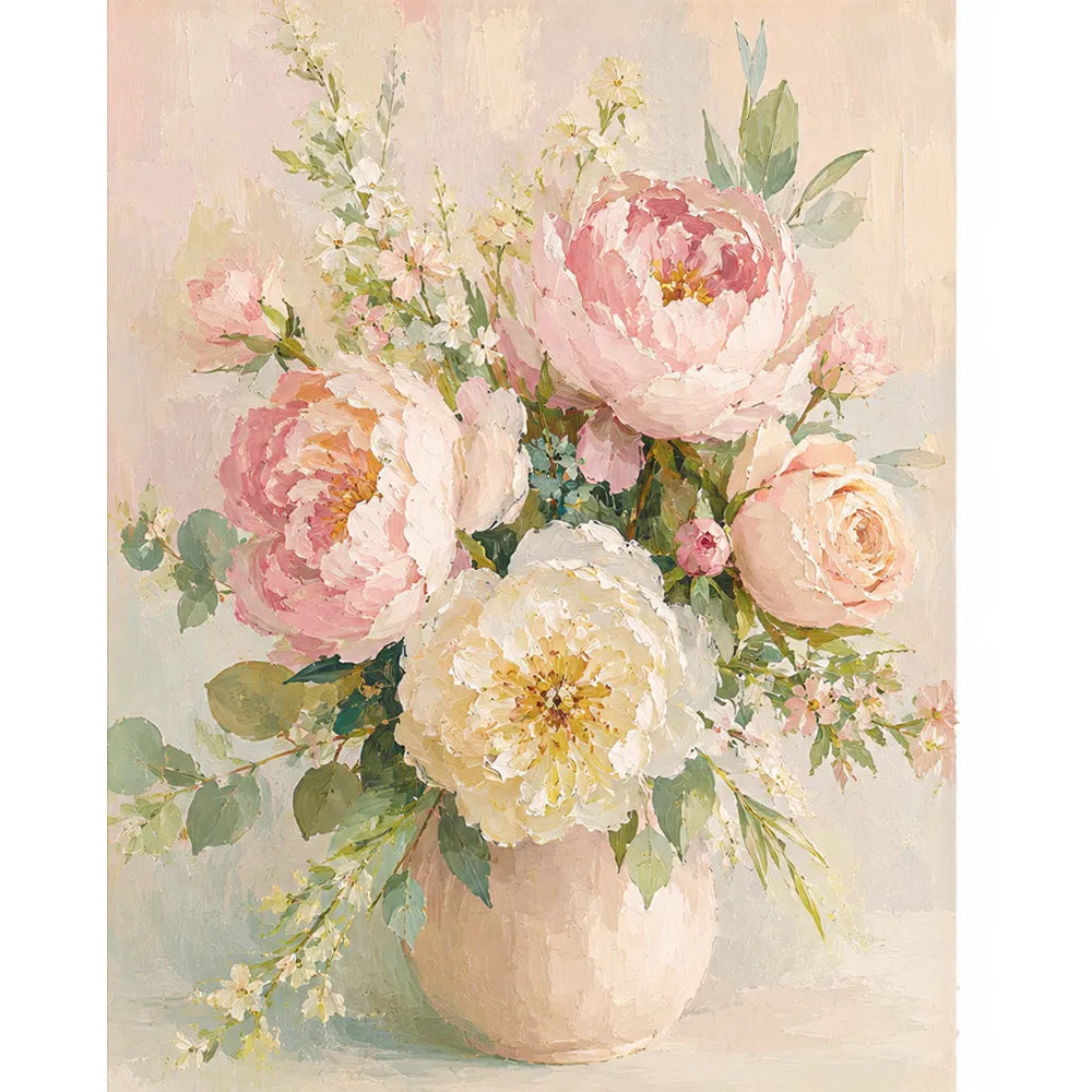Malen nach Zahlen für Erwachsene: Florales Stillleben mit rosa Pfingstrosen in einer Vase als kreatives DIY-Set.