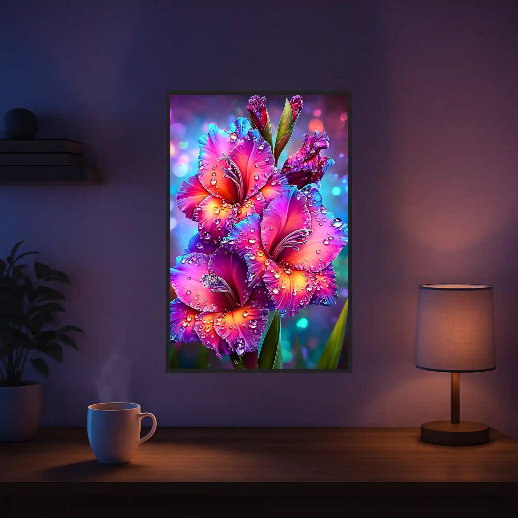 Diamond Painting Set Morgentau mit farbenfroher Gladiole und glitzernden Tautropfen als fertiges Wandbild im Raum