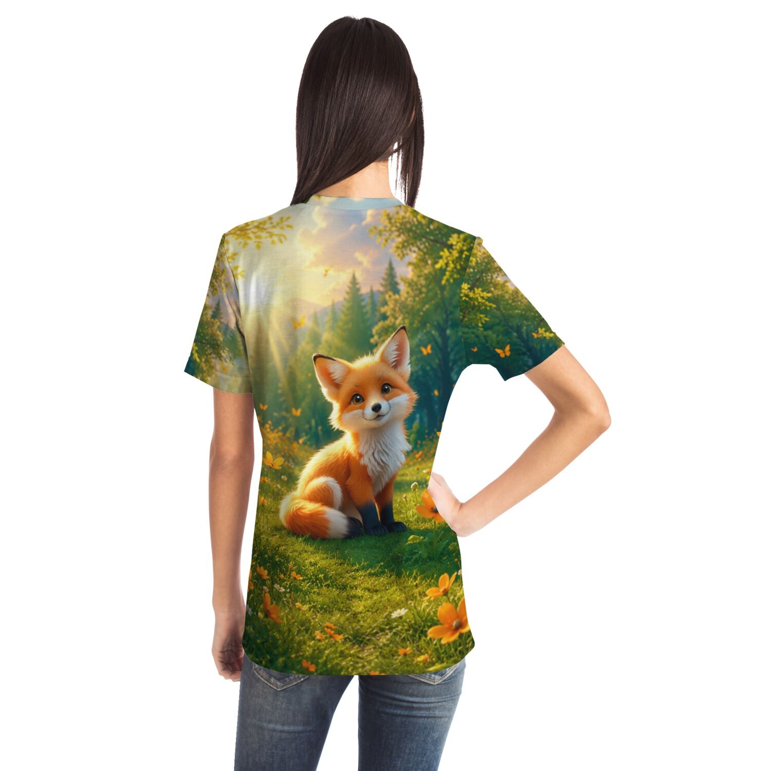 T-Shirt mit süßem Fuchs-Motiv in sonniger Wald-Landschaft, ideal für Fans von Malen nach Zahlen und Diamond Painting