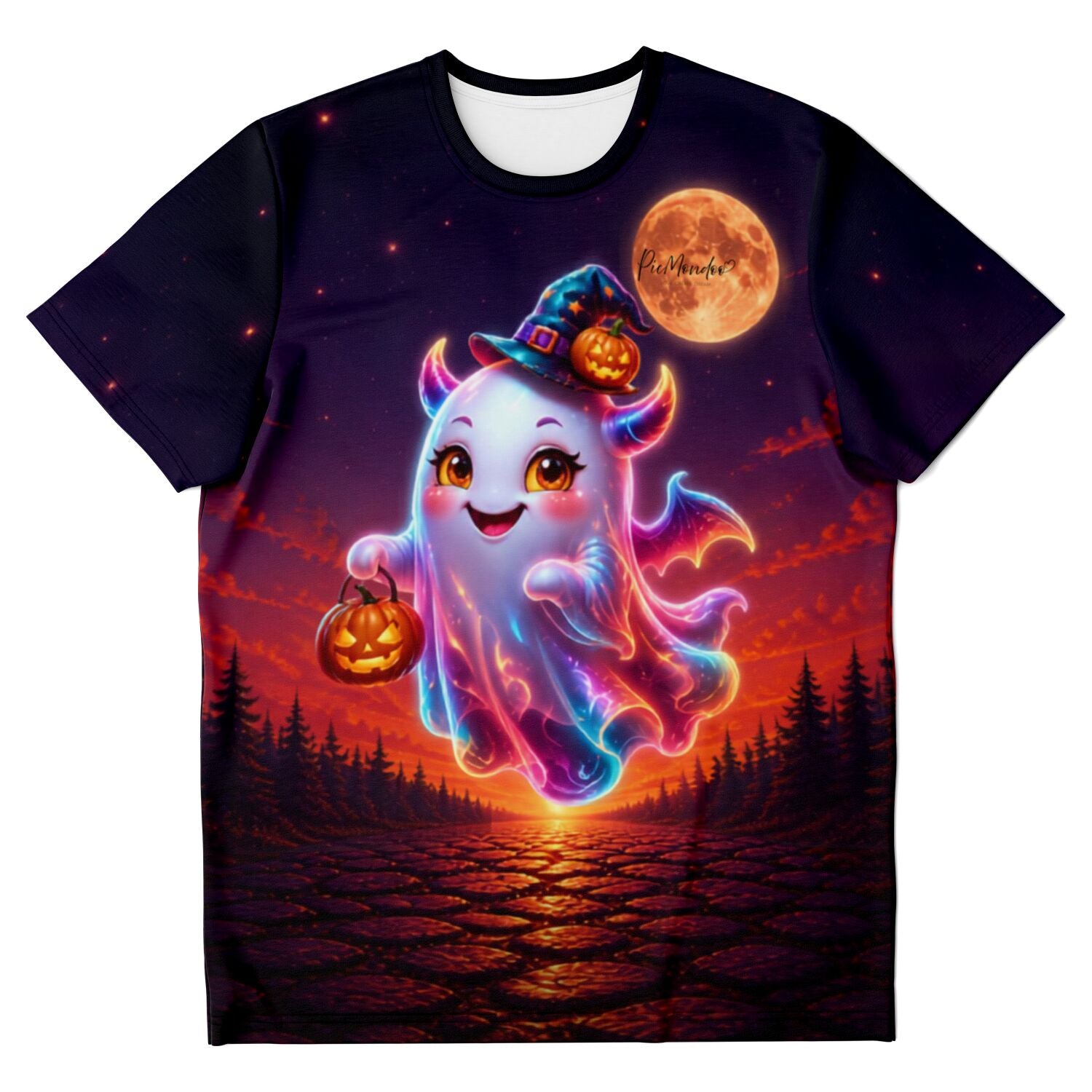 Schwarzes T-Shirt mit niedlichem Geist, Halloween-Kürbis und Vollmond im Stil unserer beliebten Diamond Painting Motive