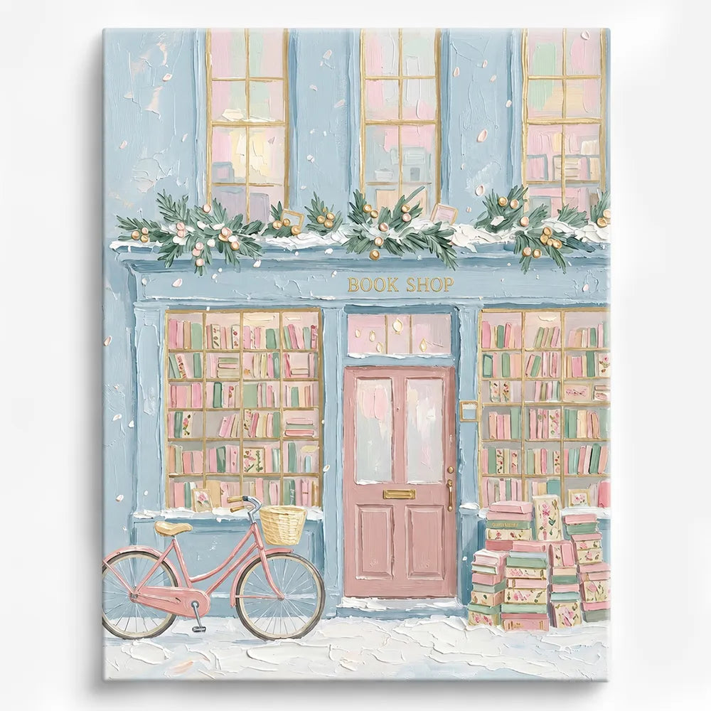 Malen nach Zahlen für Erwachsene: Winterlicher Buchladen mit Fahrrad und pastellfarbenen Büchern im Schnee