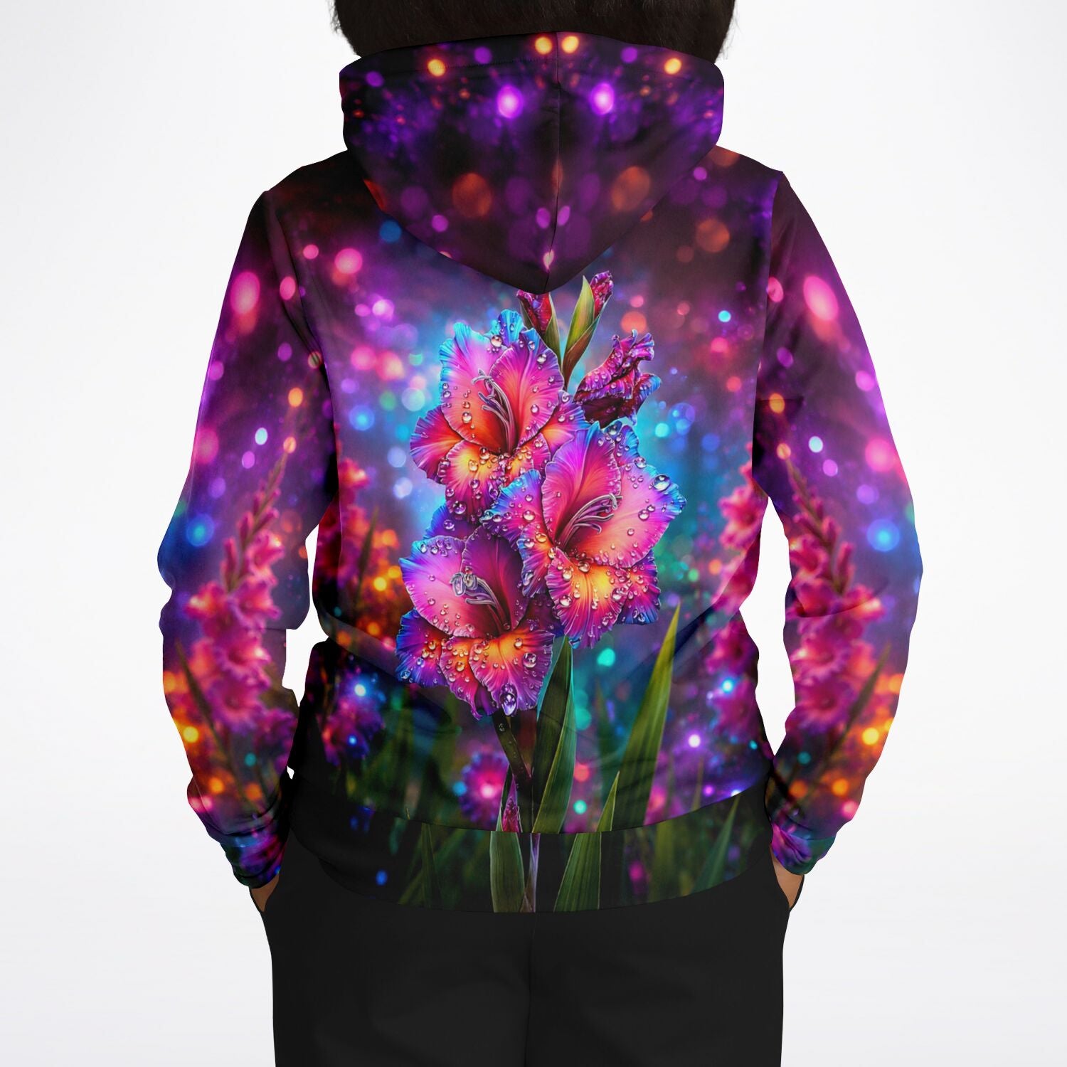 Dreamer Hoodie Morgentau mit farbenfrohem Blumendruck, der an ein leuchtendes Diamond Painting oder Malen nach Zahlen erinnert