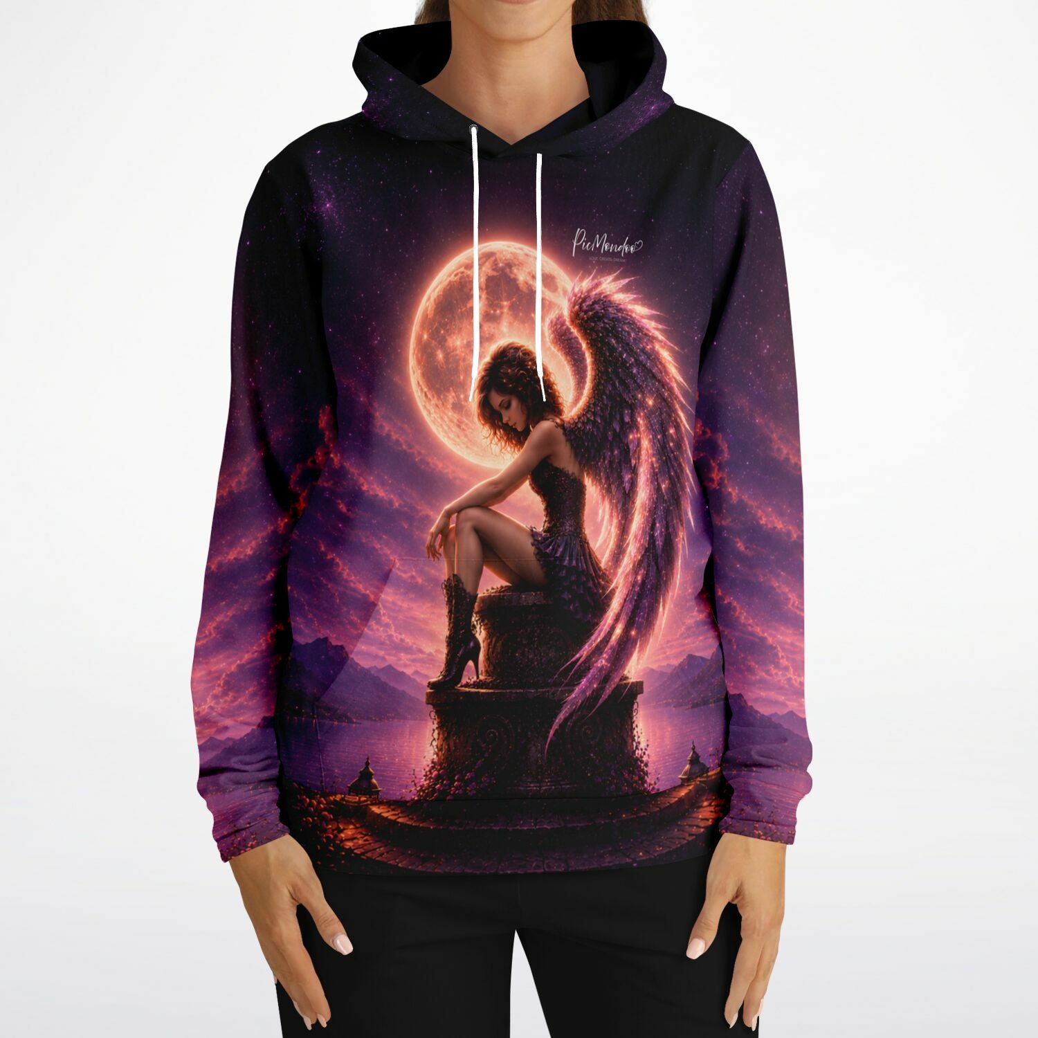 Dreamer Hoodie Aurelia Nachtflügel mit mystischem Engel-Motiv vor Vollmond für Fans von Diamond Painting und DIY-Kunst