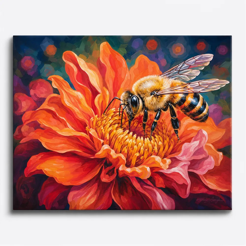 Malen nach Zahlen für Erwachsene: Biene auf leuchtend oranger Blüte, kunstvolles Motiv Goldsammlerin von Picmondoo