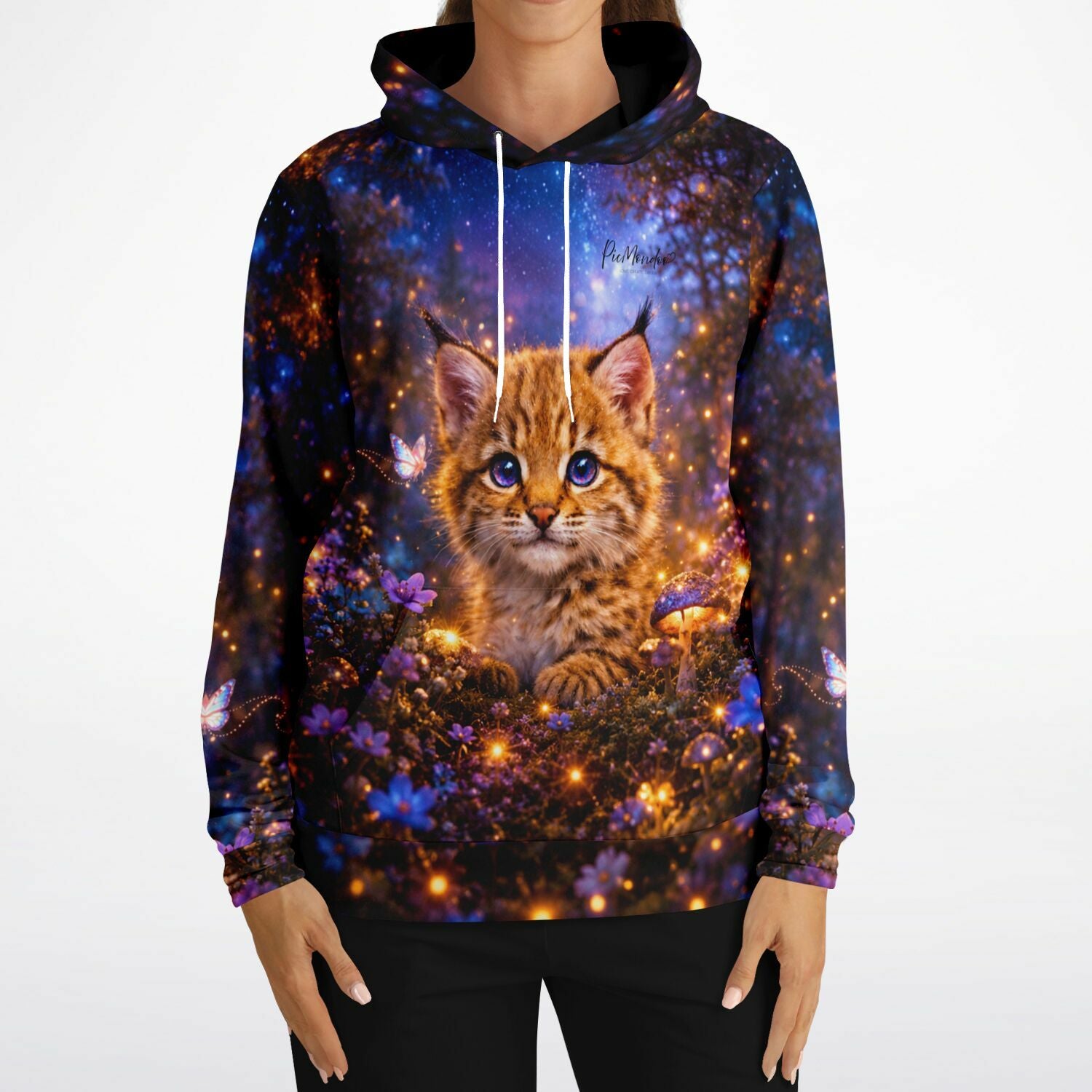 Dreamer Hoodie mit magischem Luchs-Motiv im Stil von Diamond Painting Kunstwerken und funkelnden Lichteffekten