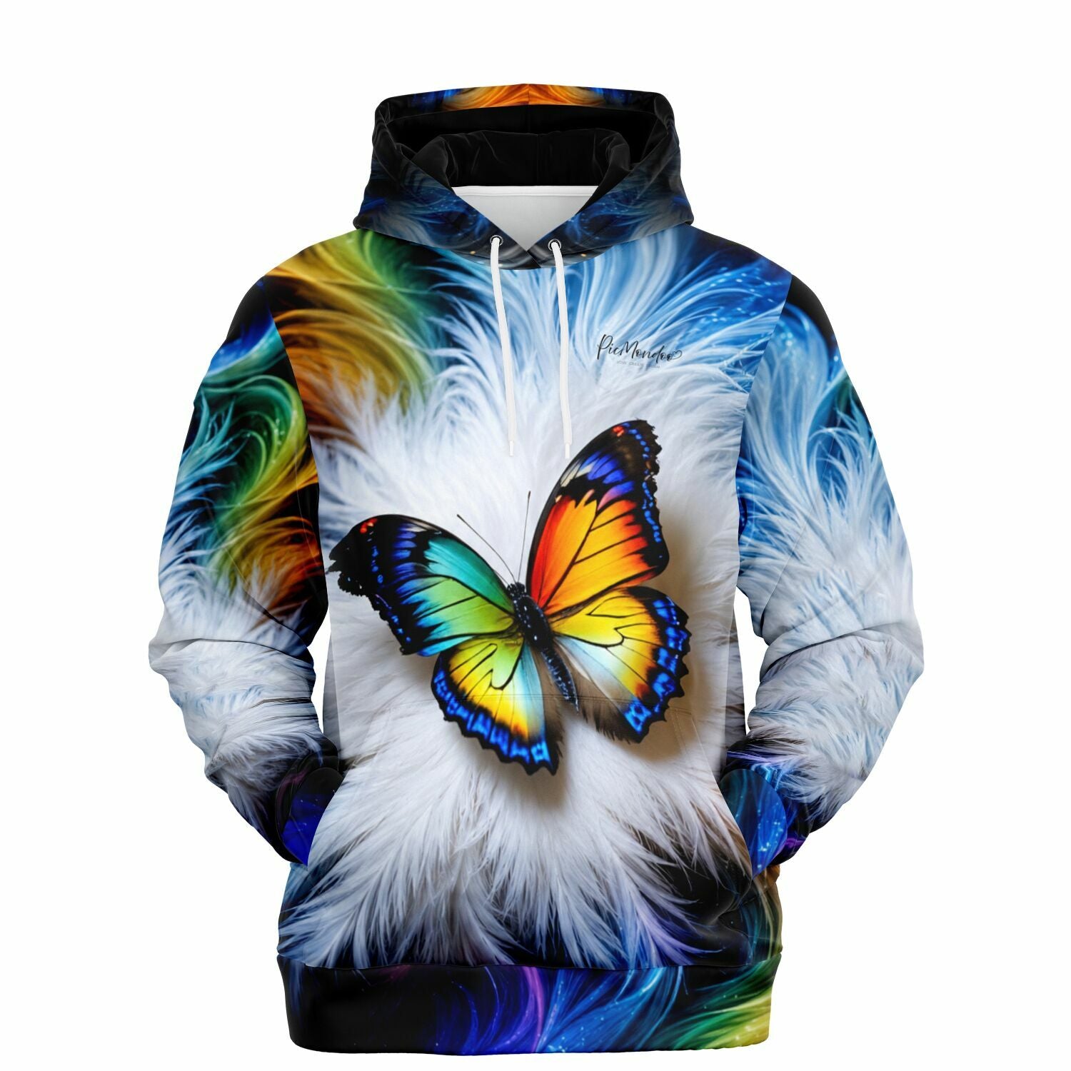 Dreamer Hoodie mit farbenfrohem Schmetterling auf weißem Feder-Design für Fans von Malen nach Zahlen Motiven