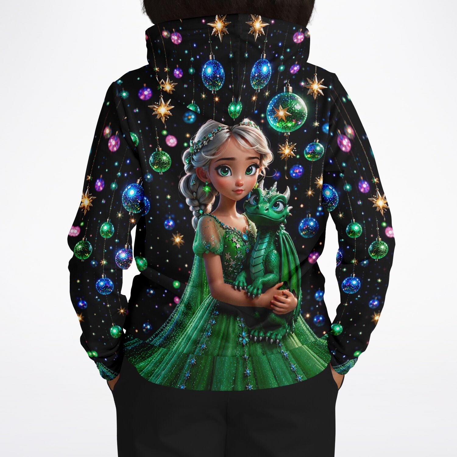 Hoodie mit Dragon Girl Motiv im Stil von Diamond Painting, leuchtende Weihnachtskugeln und süßer kleiner Drache