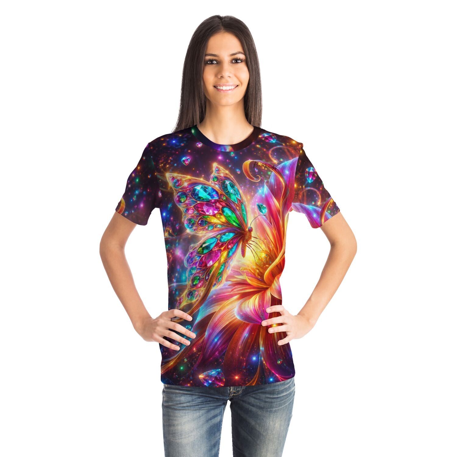 Frau trägt T-Shirt mit farbenfrohem Schmetterling-Design im Diamond Painting Stil und leuchtenden Sternen-Motiven.
