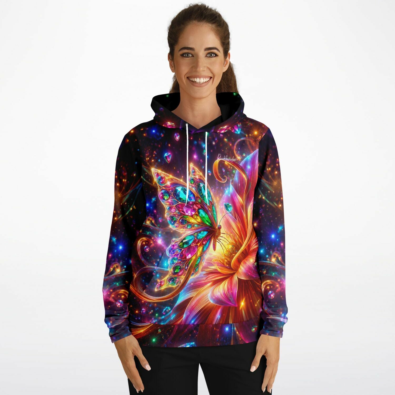 Hoodie mit buntem Schmetterling und leuchtenden Edelstein-Motiven im Stil eines Diamond Painting Designs