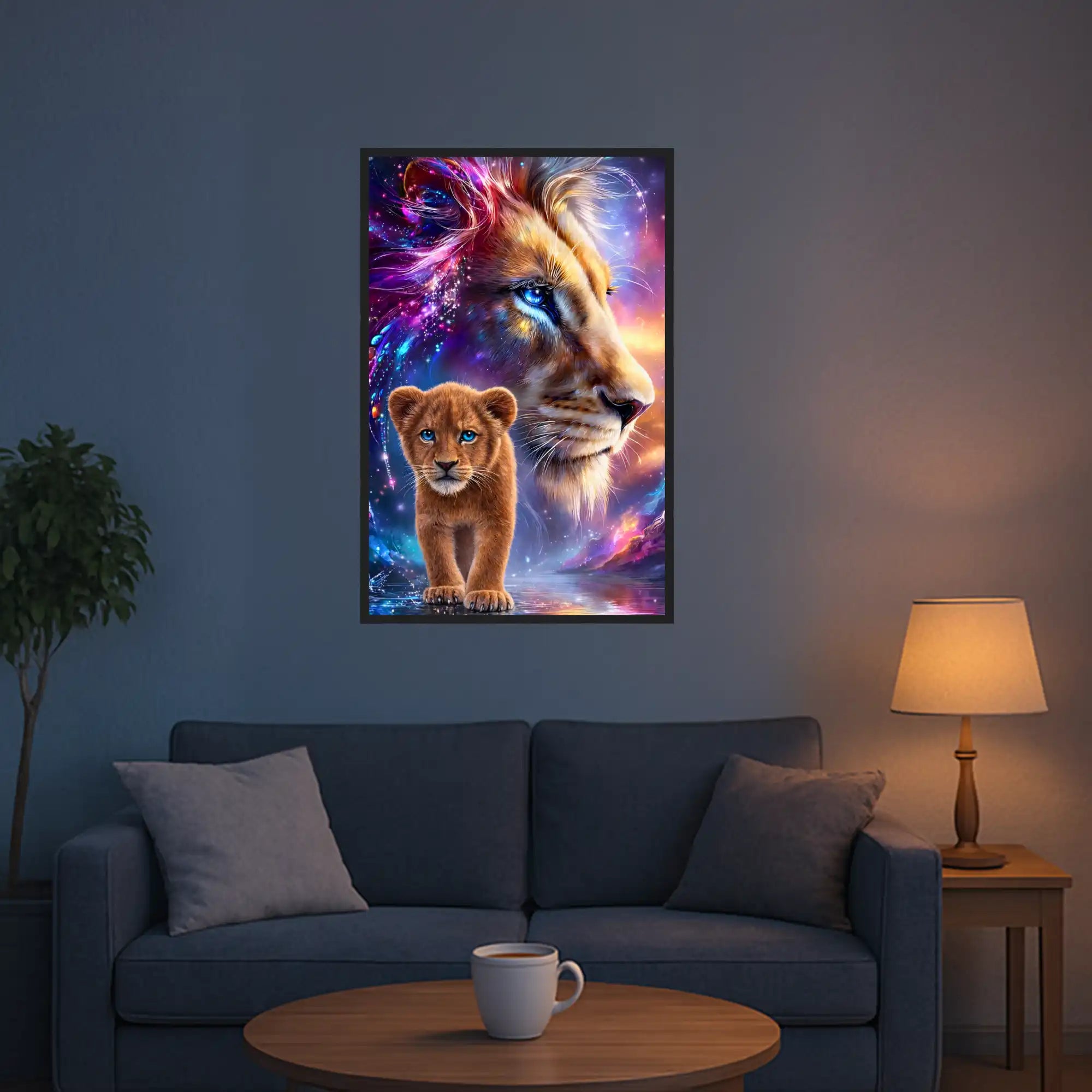 Diamond Painting Set Löwenfamilie im Galaxie-Design mit glitzerndem Löwenbaby und majestätischem Löwenkopf