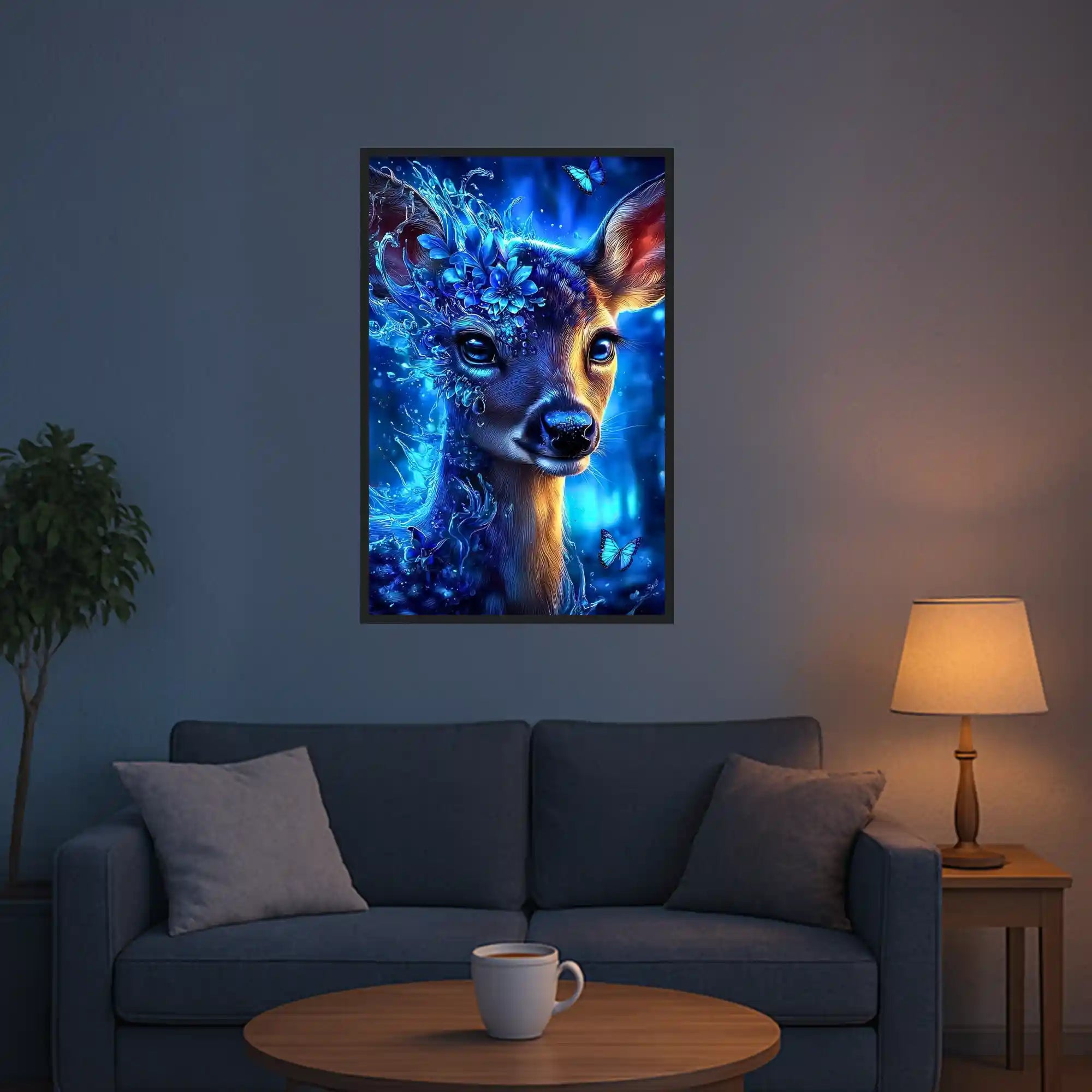 Diamond Painting Set Hüterin des Herzens: Magisches Reh mit blauen Blumen, Schmetterlingen und Lichteffekten als Wandbild.