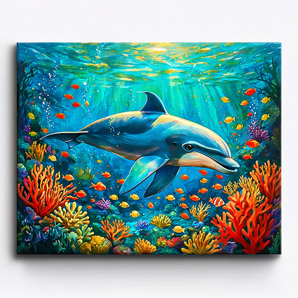 Malen nach Zahlen für Erwachsene: Delfin im türkisblauen Ozean mit bunten Korallen und Fischen für kreative Bastelstunden.