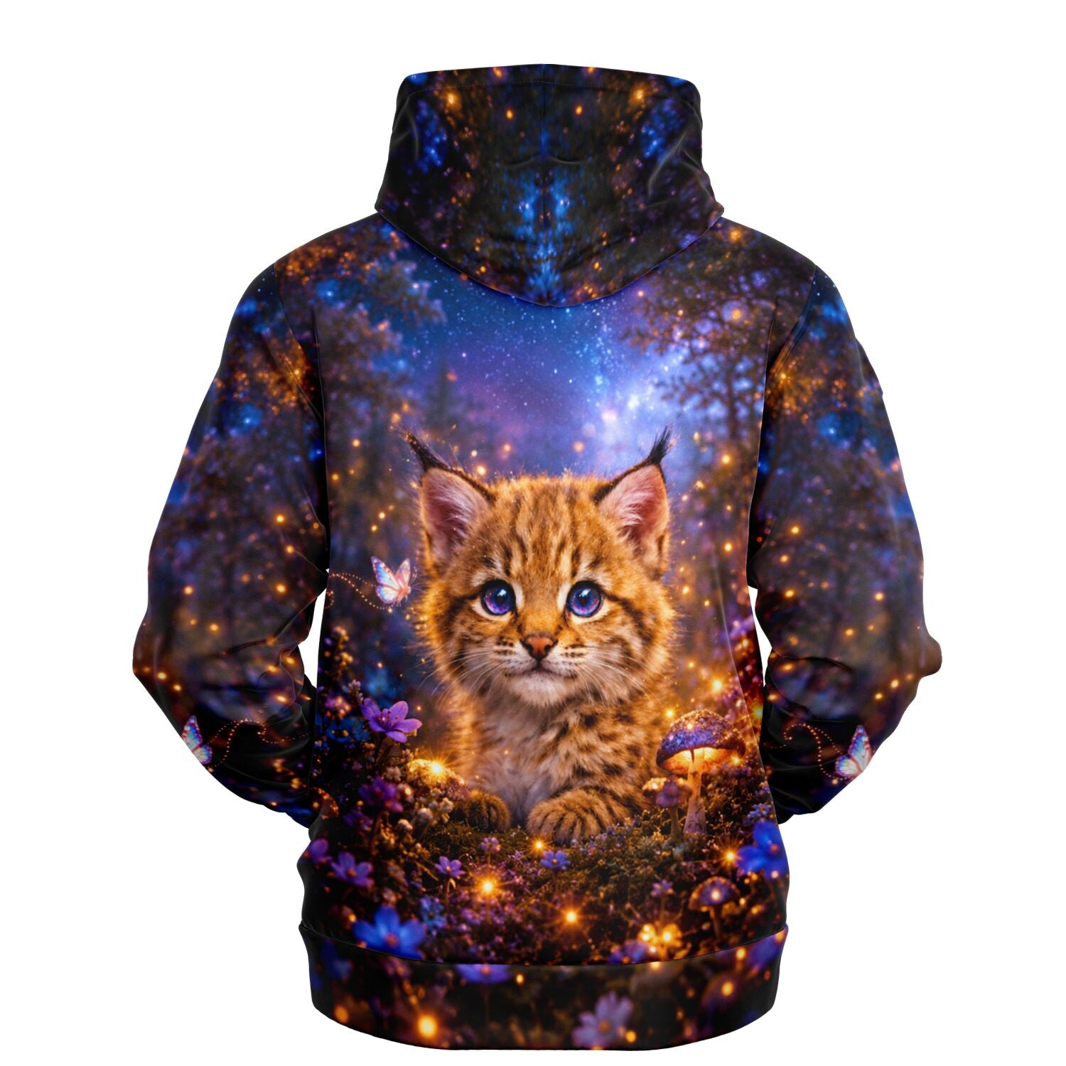 Dreamer Hoodie mit magischem Luchs-Motiv, Blumen, Schmetterlingen und leuchtendem Sternenhimmel als All-Over-Print