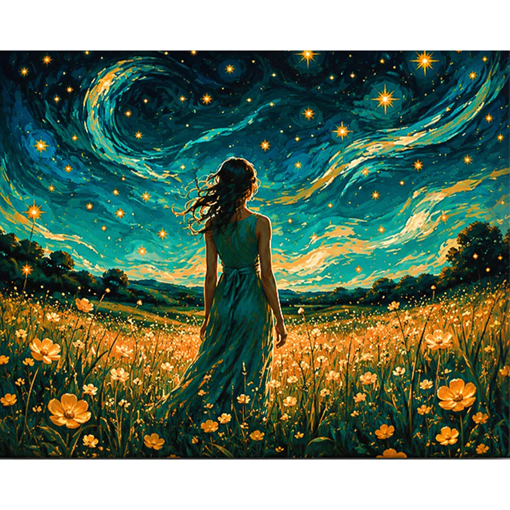 Malen nach Zahlen für Erwachsene Motiv Sternenwanderin in einem Blumenfeld unter blauem Sternenhimmel mit gelben Lichtern