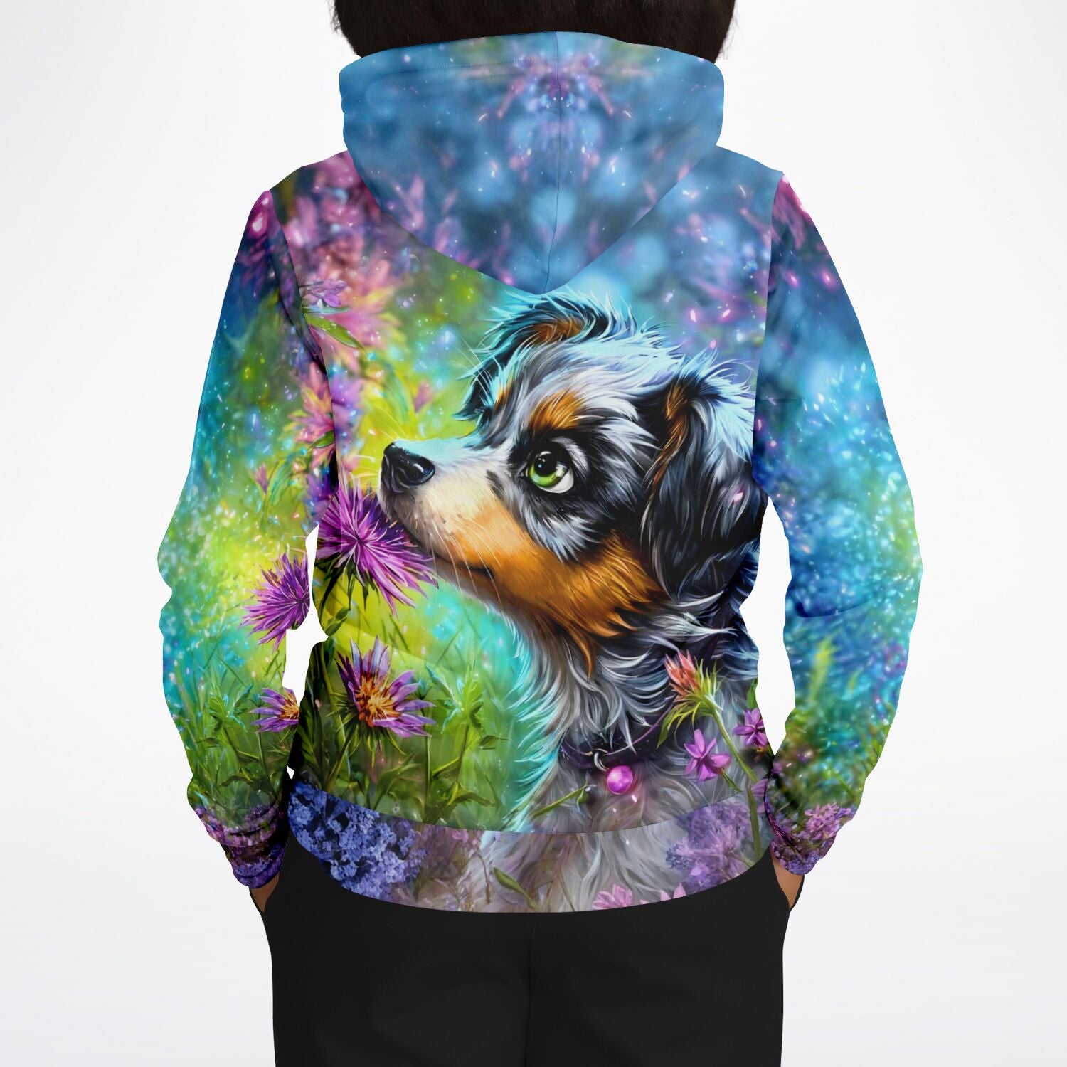Hoodie mit buntem Hundemotiv im Stil von Malen nach Zahlen und Diamond Painting Kunstwerken mit floralem Hintergrund