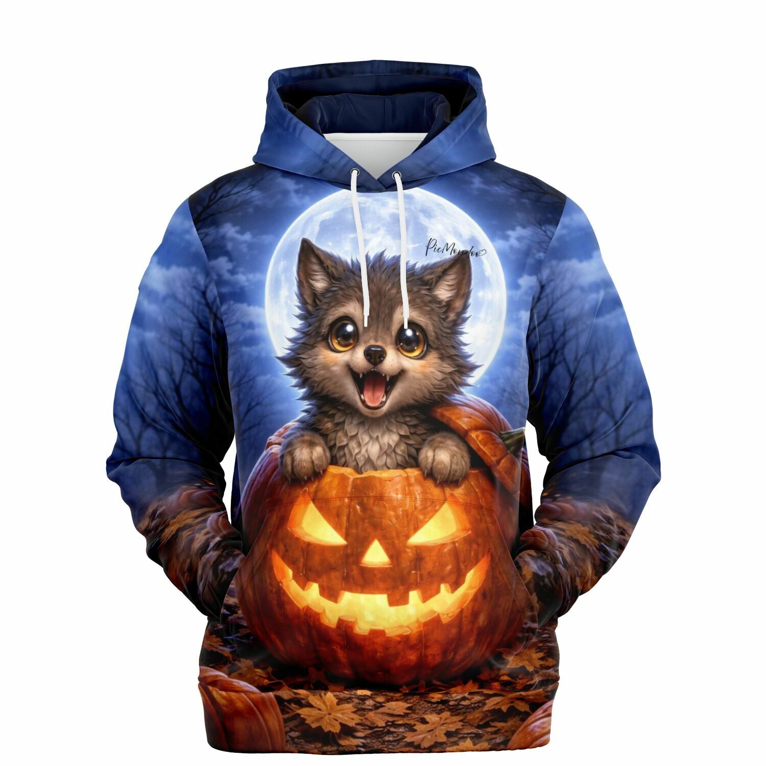 Dreamer Hoodie von Picmondoo mit niedlichem Mondwolf im Halloween-Kürbis vor Vollmond-Motiv