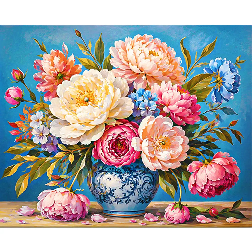 Malen nach Zahlen für Erwachsene: Blumenstrauß aus Pfingstrosen in antiker Vase mit blauen Akzenten