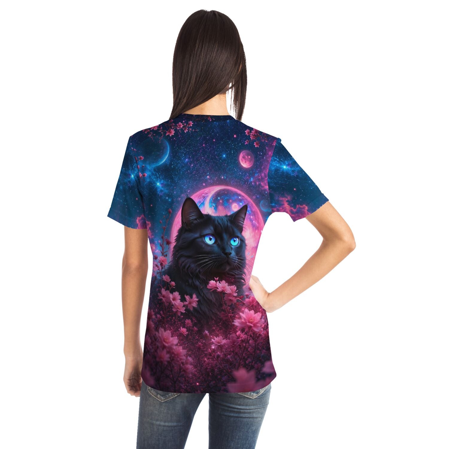 Dreamer T-Shirt Nacht aus Samt mit schwarzer Katze, Weltraum-Motiv und Blumen – perfekt für Diamond Painting Fans