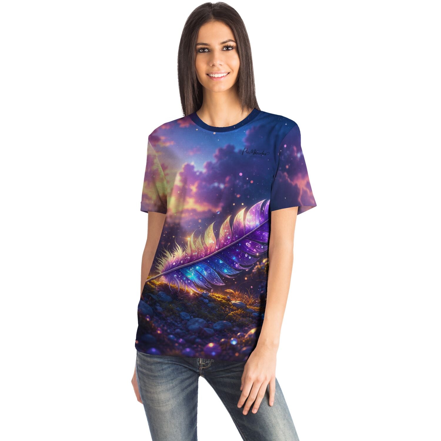 Dreamer T-Shirt mit leuchtendem Feder-Motiv im Sternenhimmel Design für Fans von Diamond Painting und Kunst
