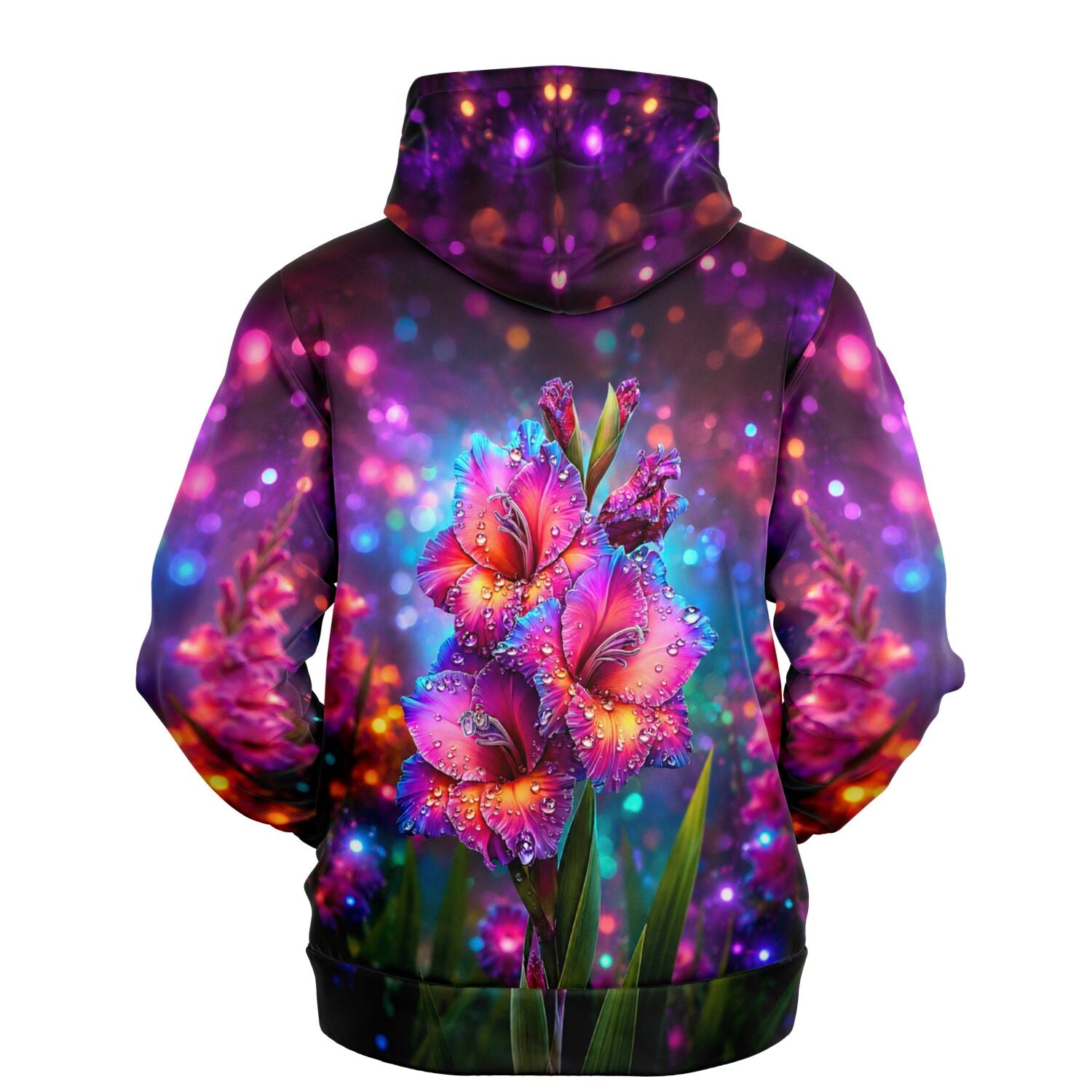 Dreamer Hoodie Morgentau mit farbenfrohem Gladiolen-Motiv und glitzerndem Bokeh-Effekt im Stil von Diamond Painting