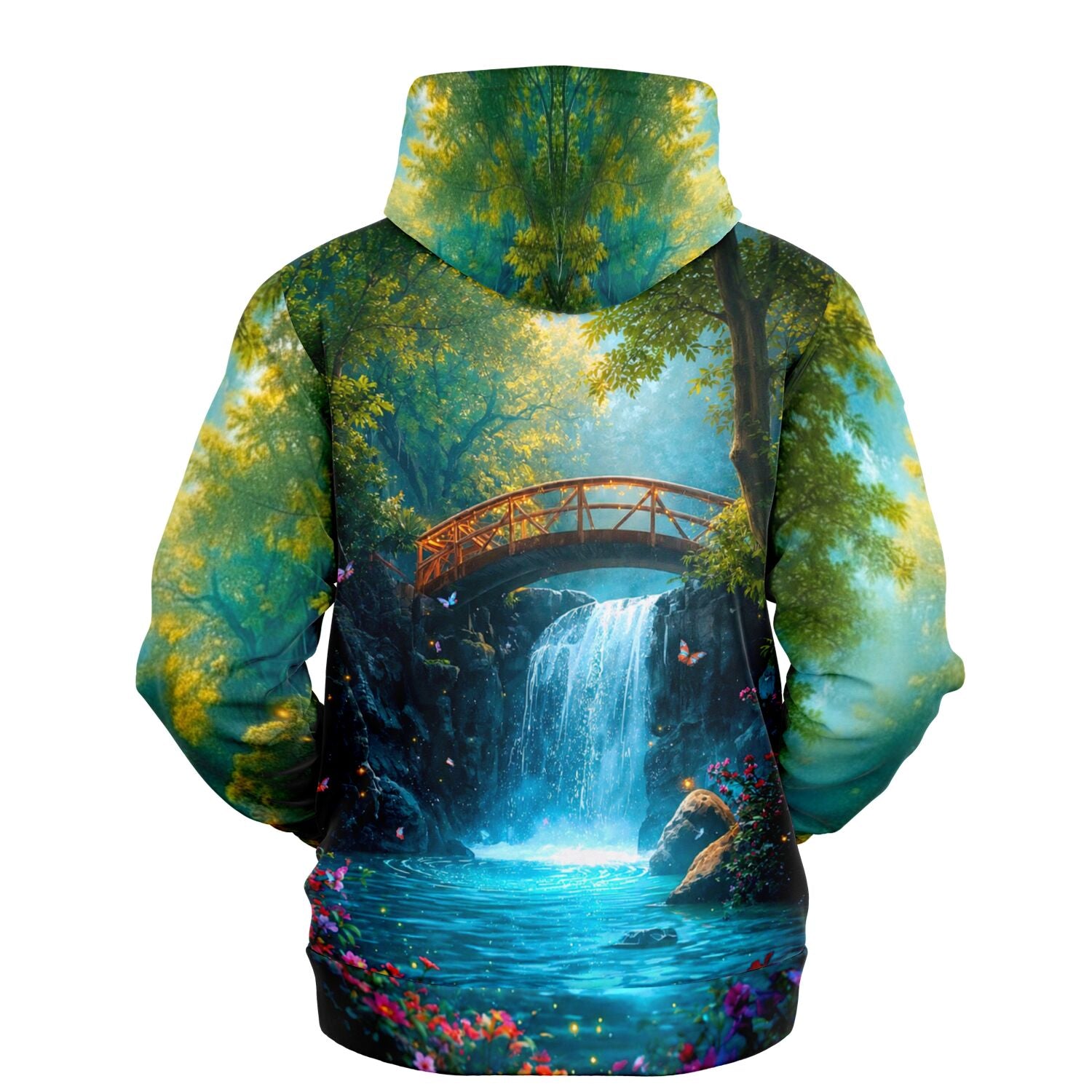 Dreamer Hoodie Brücke der Träume mit malerischem Wasserfall, Waldlandschaft und leuchtenden Farben als AOP Design