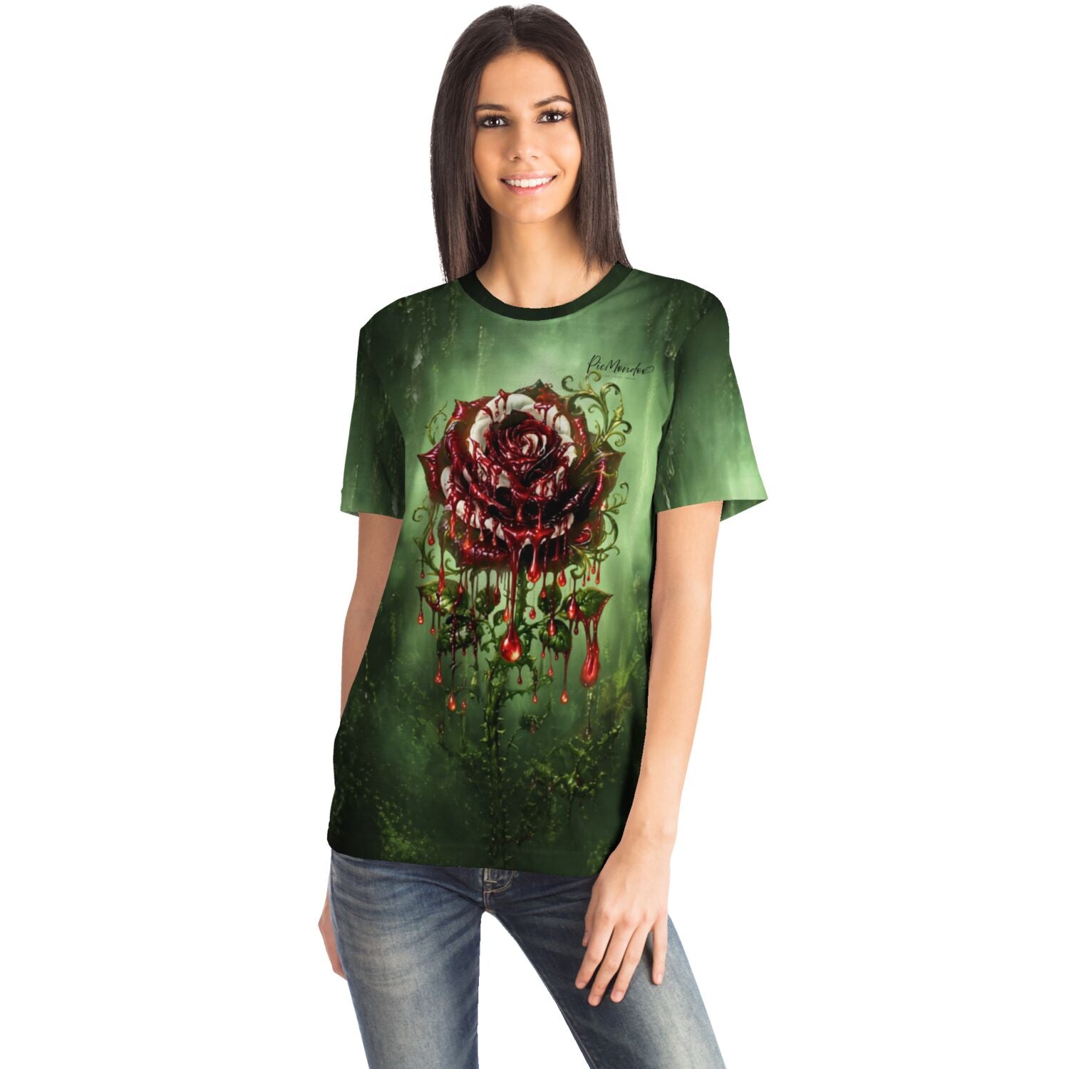Frau trägt ein T-Shirt mit rotem, tropfendem Rosen-Motiv im Stil von Diamond Painting und Malen nach Zahlen Designs