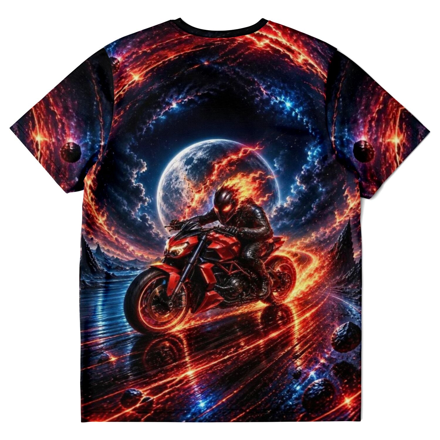 Dreamer T-Shirt Grenzgänger mit Motorradfahrer, Feuer-Effekten und Weltraum-Motiv in leuchtenden Farben