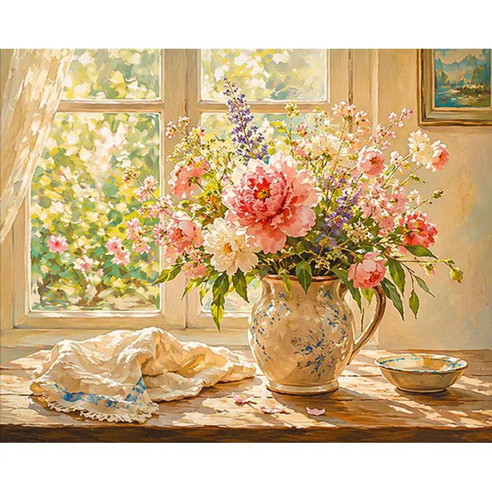 Malen nach Zahlen für Erwachsene Motiv mit Blumenstrauß in Krug vor einem sonnigen Fenster im Vintage-Stil