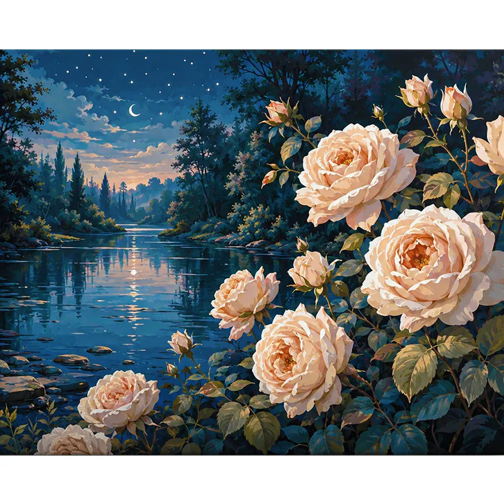Malen nach Zahlen für Erwachsene: Wunderschöne Rosen am Flussufer im Mondlicht mit Sternenhimmel und Blumen-Motiv.