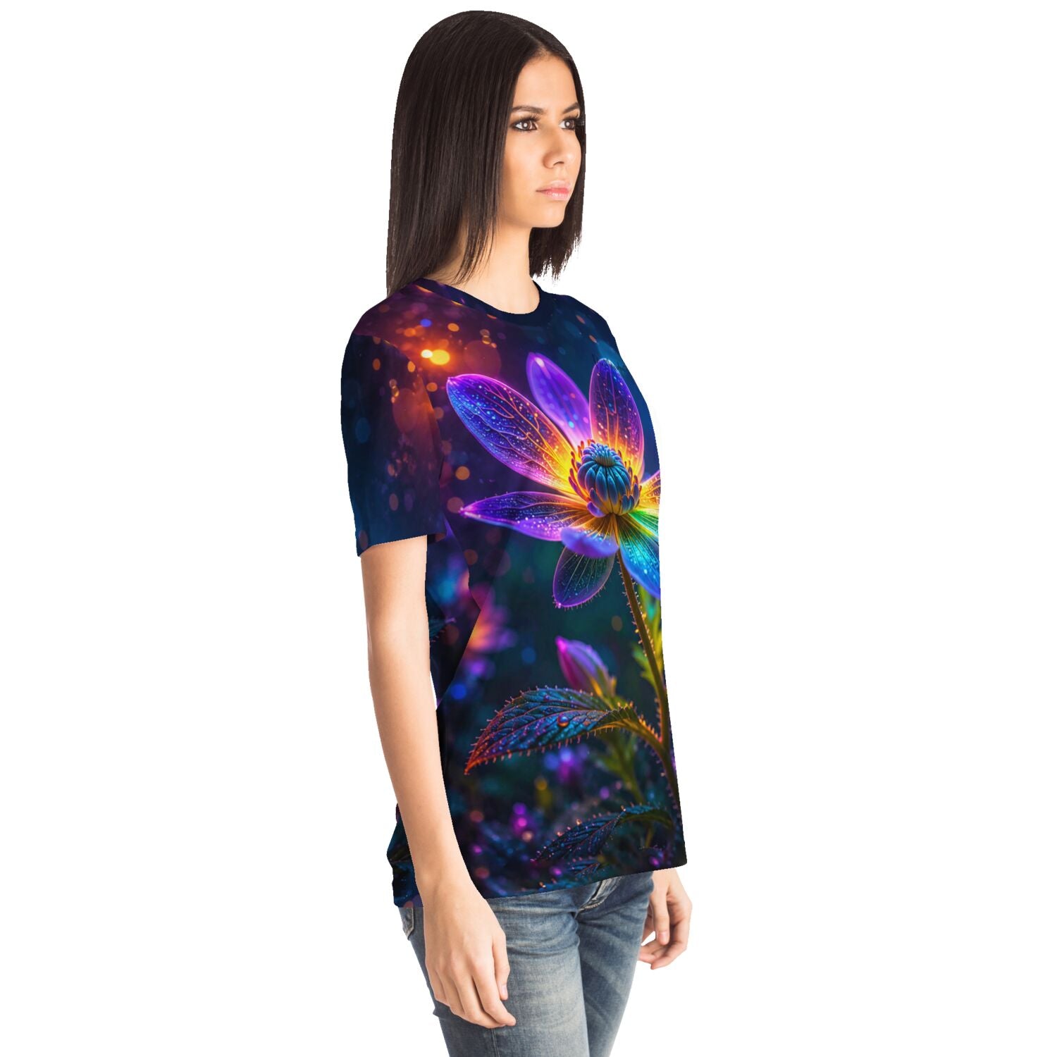 Frau trägt Dreamer T-Shirt mit leuchtendem Blumenmotiv im Stil moderner Malen nach Zahlen und Diamond Painting Designs