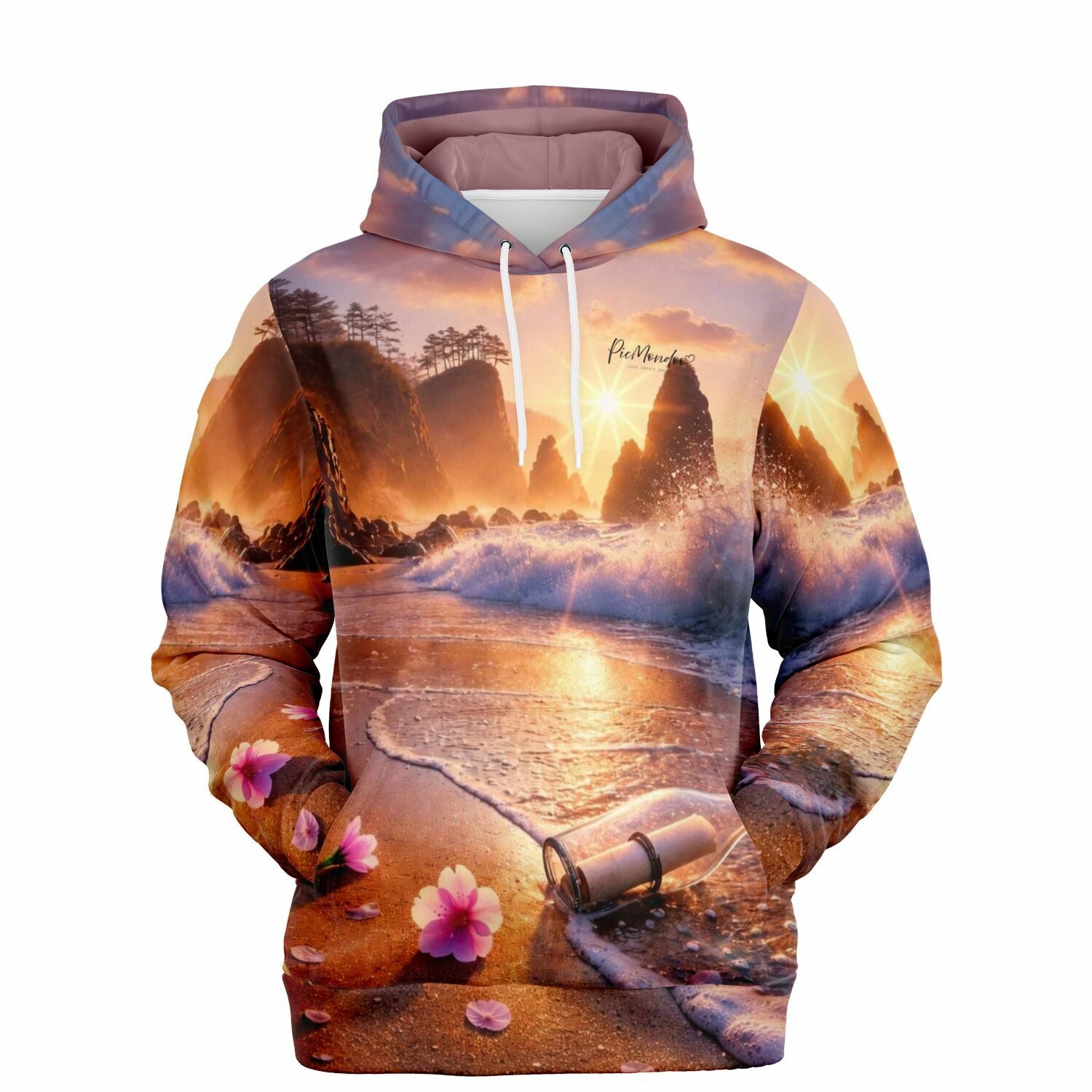Picmondoo Dreamer Hoodie mit malerischem Küstenmotiv, Sonnenuntergang und Flaschenpost, passend zu Diamond Painting Kunst